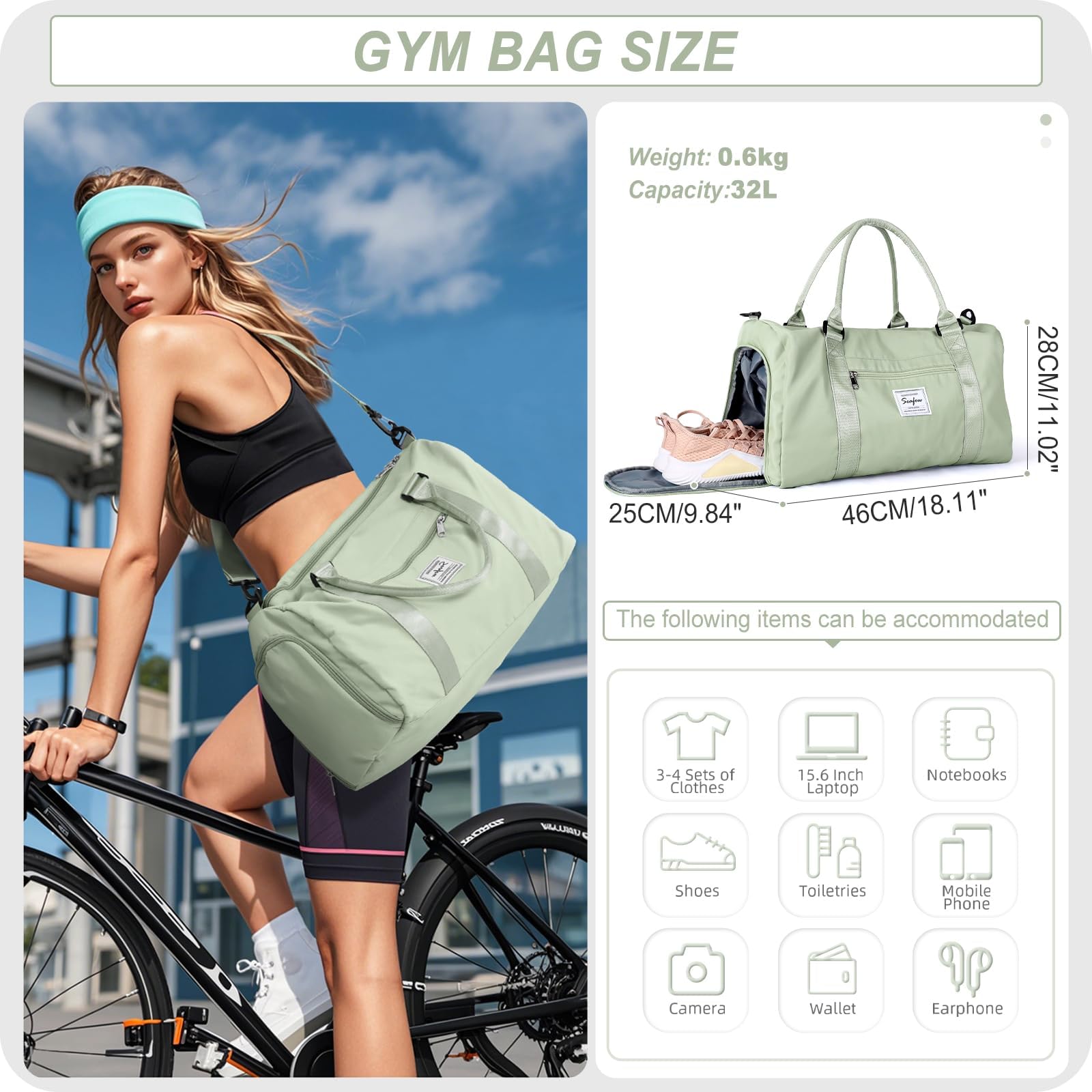 HYC00 Borsone Palestra Donna Uomo Borsa Sportiva con Scomparto Scarpe Borsone da Viaggio Sports Gym Bag Grande Borse da Palestra Piscina Donna Fitness Weekend Duffel Bag Borsa per Ospedale,Verde Erba