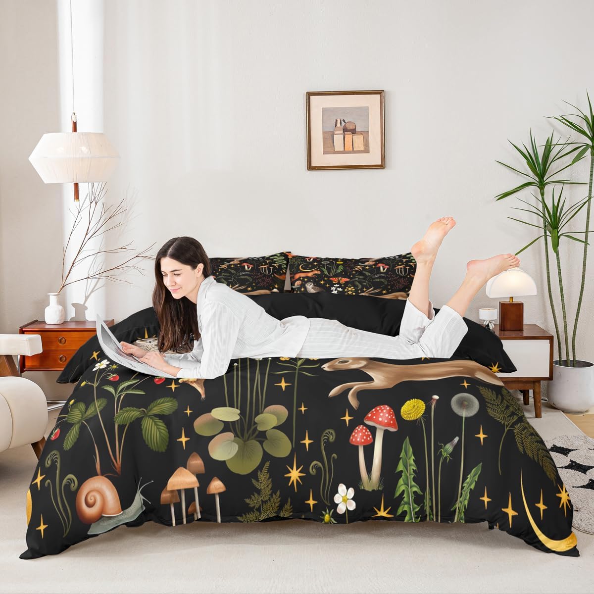 Cartoon Mushroom Duvet Cover Twin Size 2 Pcs Cute Rabbit Owl Wild Animals Bedding Set for Kids Teens Adults Glitter Moon Stars Rustic Jungle Style Quilt Cover with 1 Pillowcase(No Comforter)