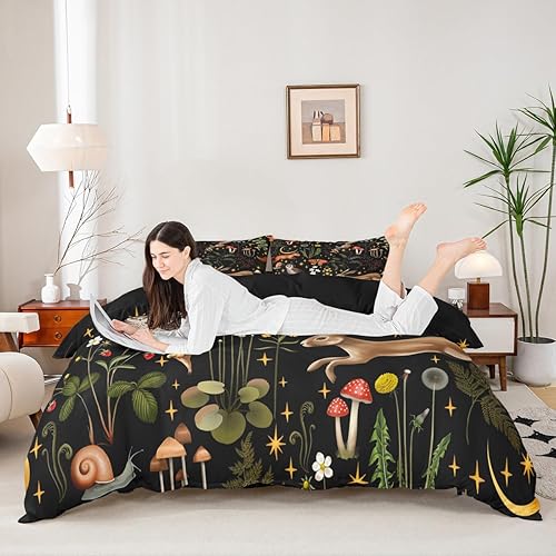 Miniatura 109 de Juego de funda de edredón de 3 piezas, diseño de hongos, diseño de hojas botánicas de acuarela y fresa, para niños, adolescentes, adultos, libélula