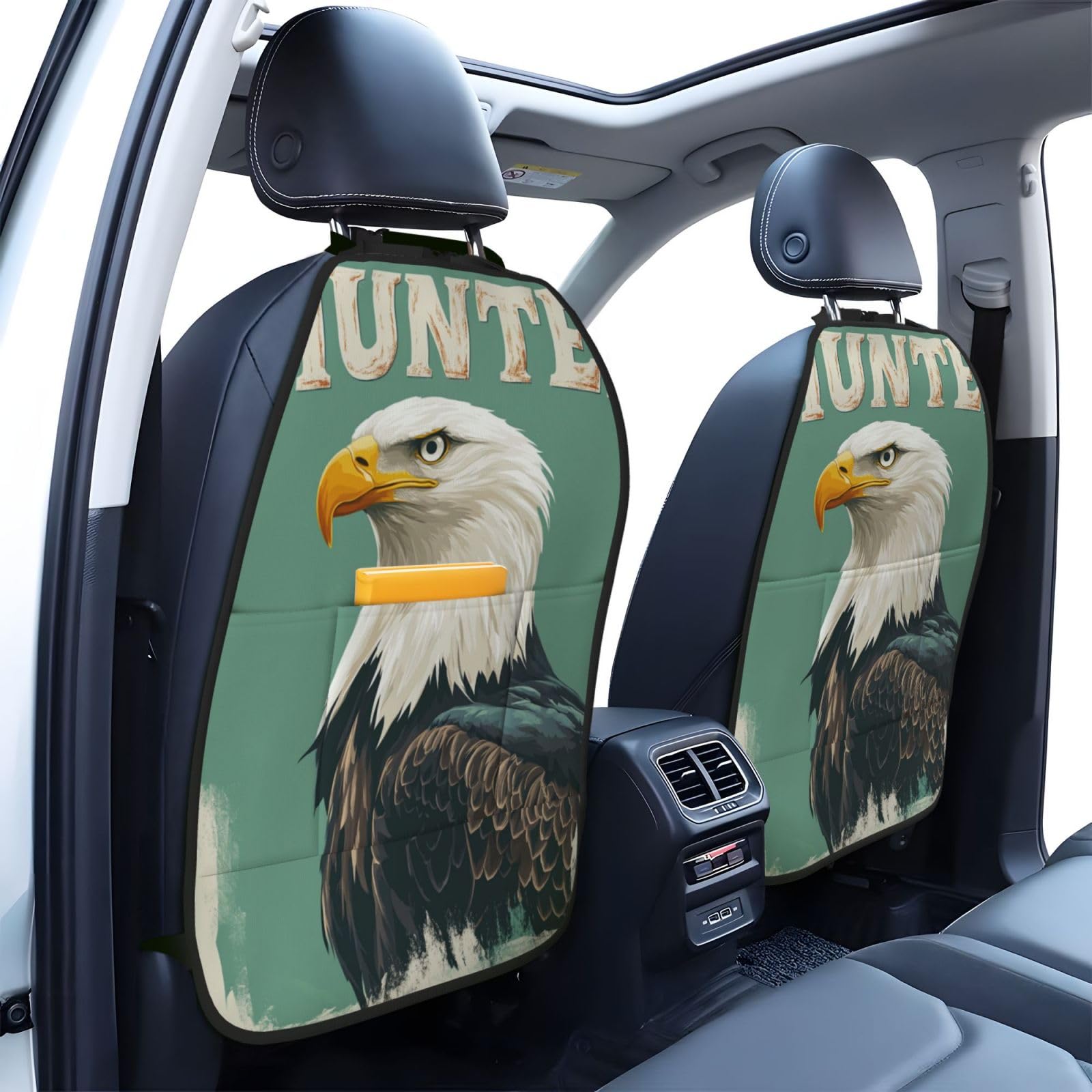 Retro Bald Eagle Light Green Car Seat Back Kick Protectors,2 Pack Kick Mats with Storage Pockets for Vehicles to Protect from Dirt Mud Scratches