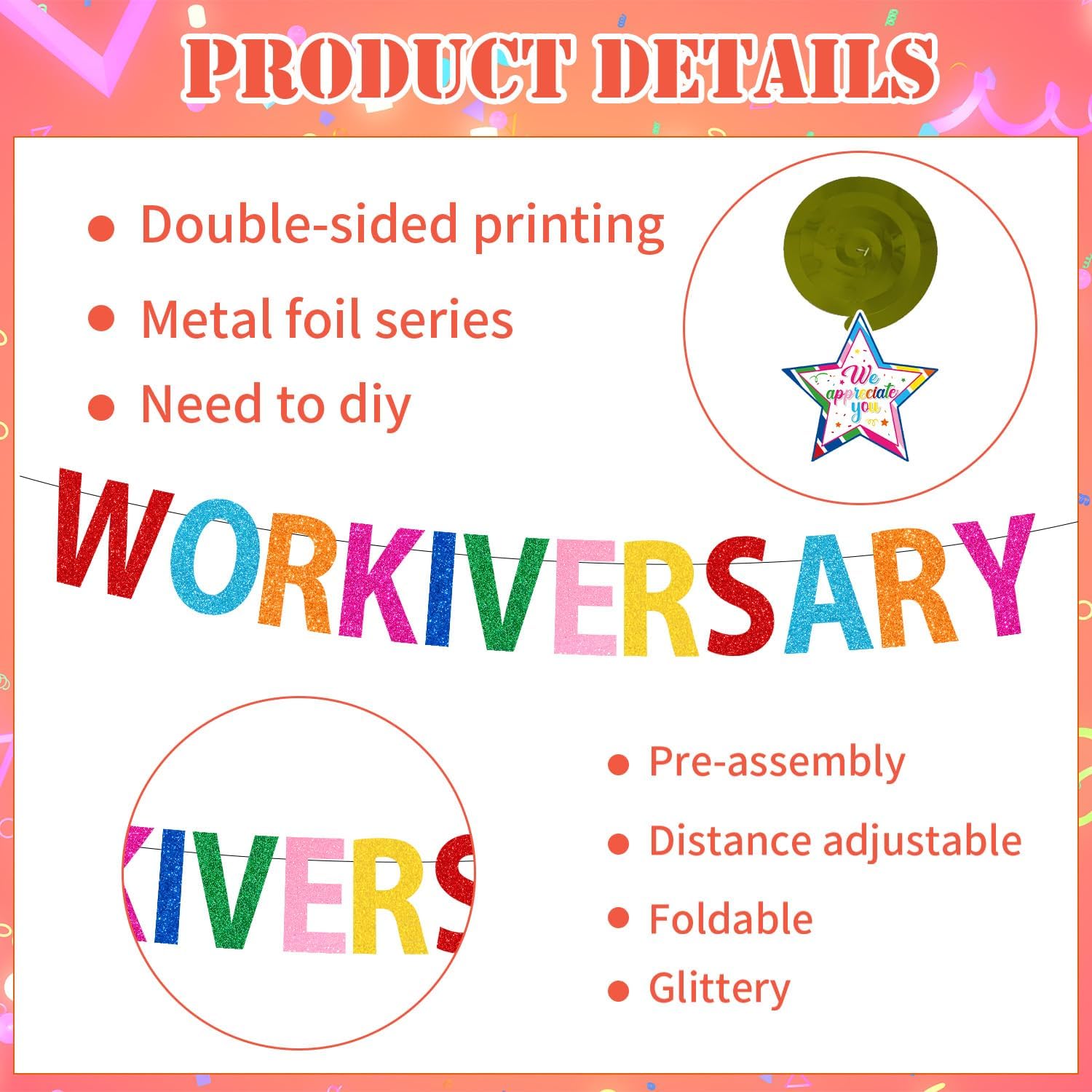 Happy Work Anniversary Decorations - 16PCS Glitter Happy Workiversary Banners Hanging Swirls Honeycomb Centerpieces Pompoms Hanging Decor, Office Appreciation Supplies for Employee Worker image 3