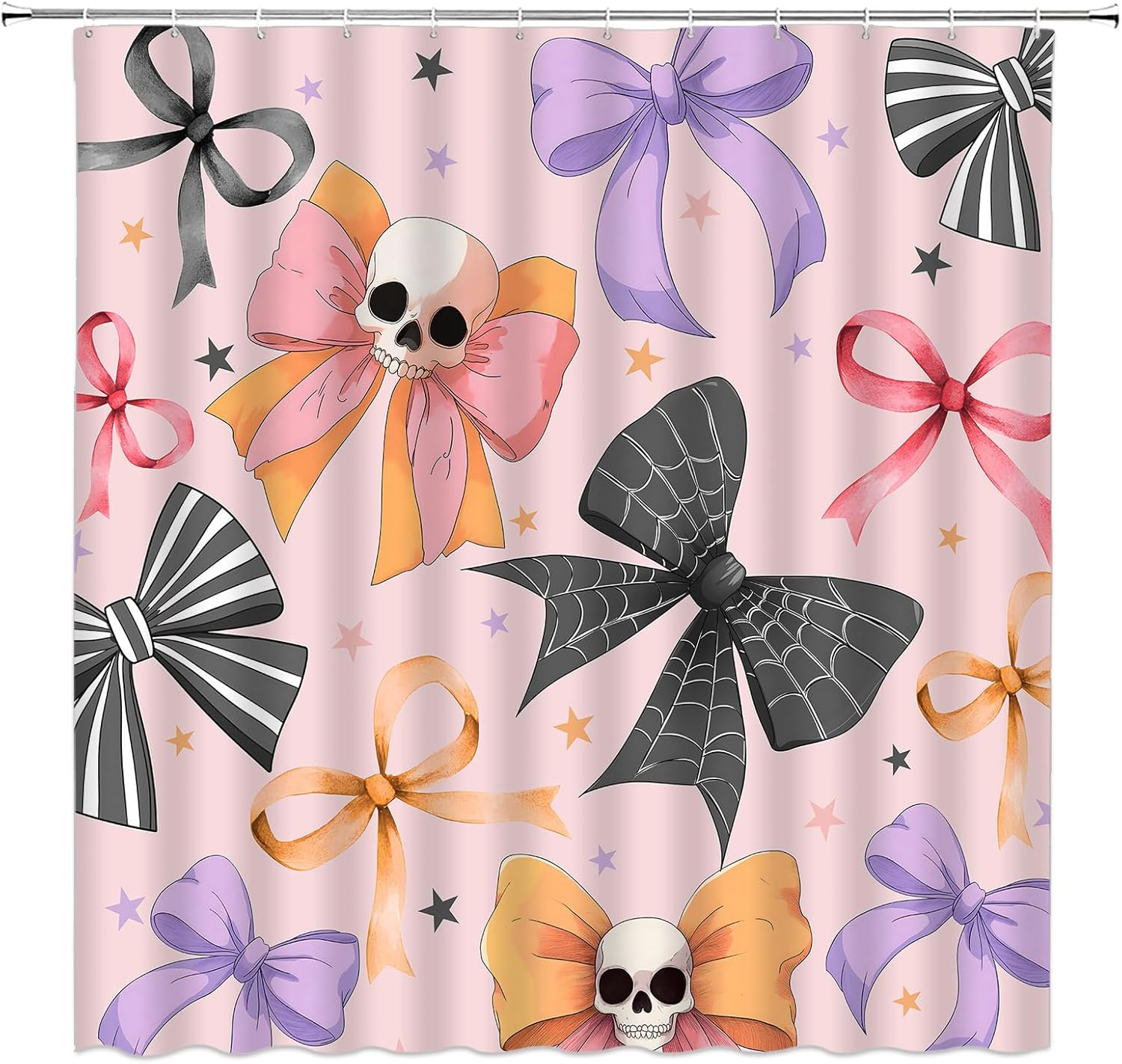 GCTNBJL Halloween Cute Shower Curtain Colorful Bow Skull Gothic Funny Festival Pink Black Purple Extra Long Bathroom Home Curtain with Hooks,70x78 Inch