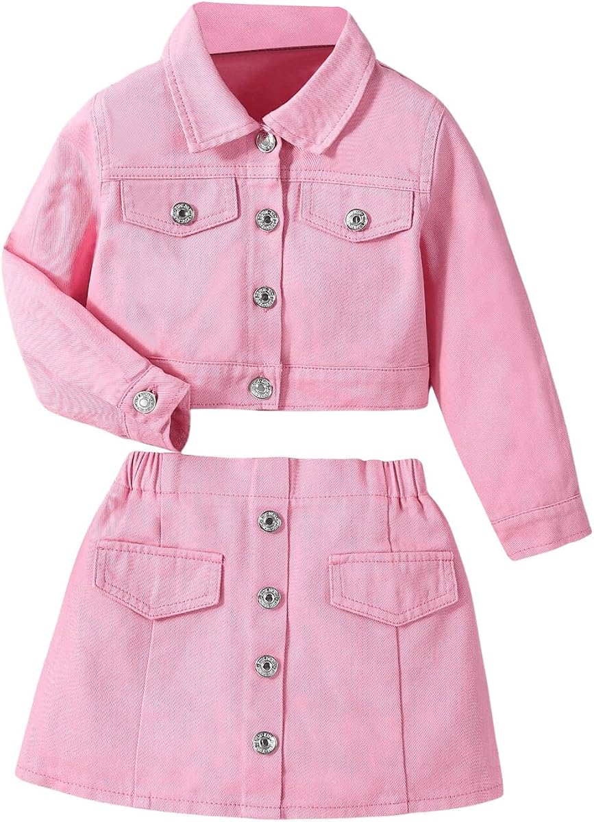 WDIRARA Girl's 2 Piece Outfits Button Front Long Sleeve Denim Jacket and A Line Skirt Set