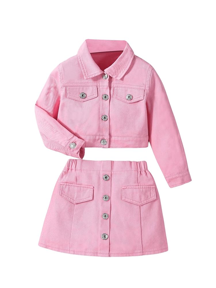 ジャケット・アウター Denim Blouson & Balloon Skirt Set Amazon.com: WDIRARA Girl's 2 Piece Outfits Button Front Long