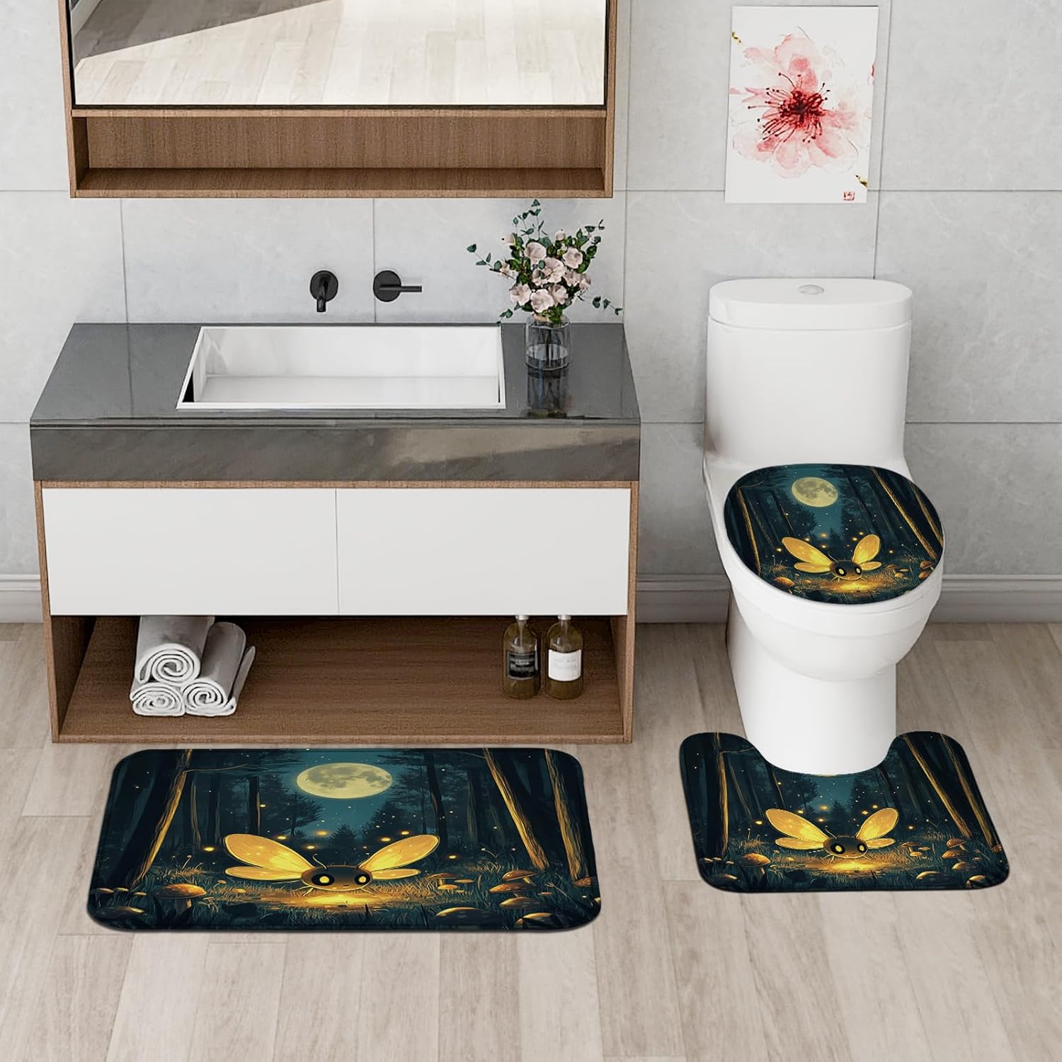 4PCS Kids Fun Firefly Bathroom Accessory Sets with Non-Slip Rug, U Shape and Toilet Lid Cover Mat, Fantasy Anime Insect Bathroom Decorative-72''x72''