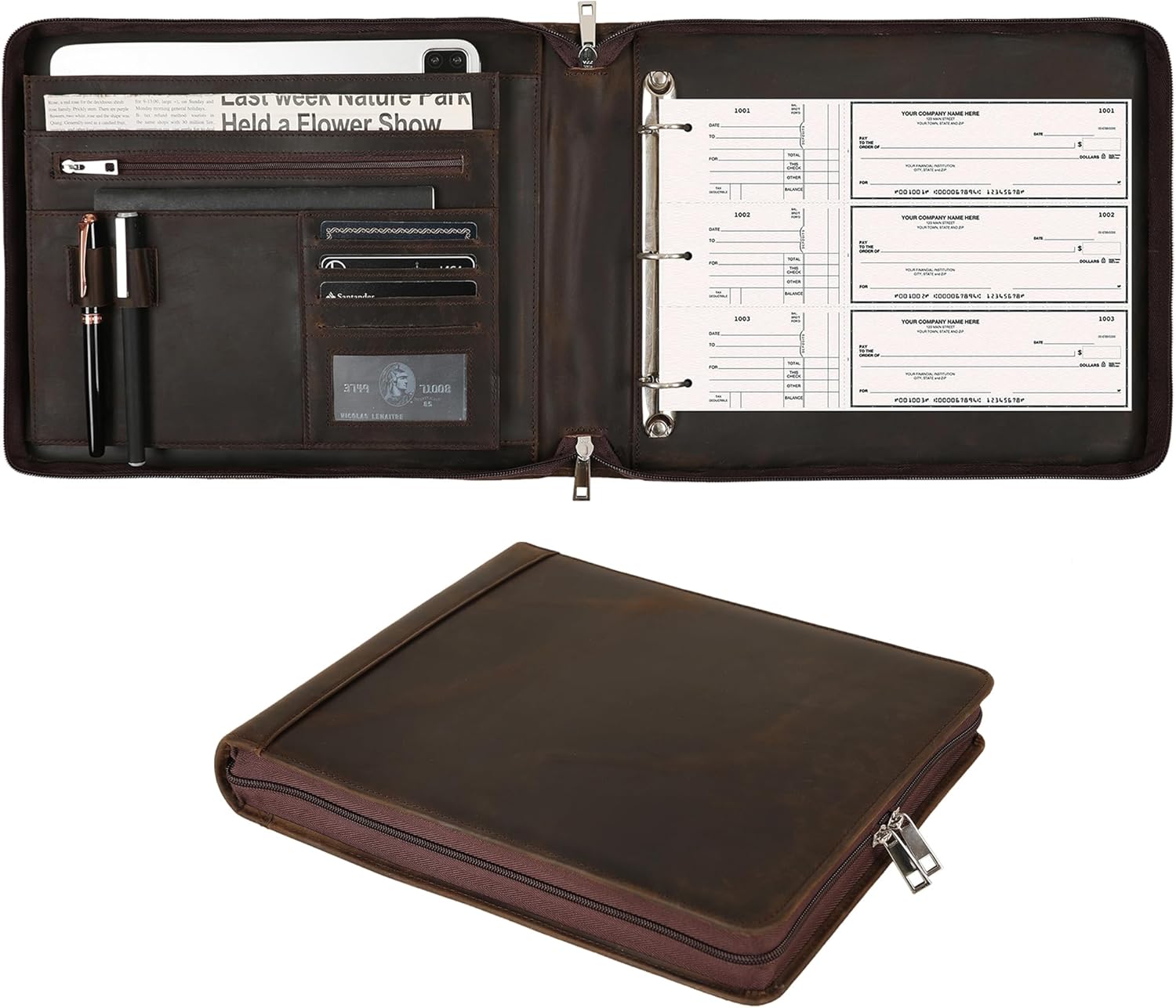 Handmade 3 Ring Check Binder for 3 on a Page 9" x11 1/4" Check Holder, Zippered Business Checkbook Holder, 3 Ring Check Book Binder for Business Checks, Fit 3 & 9 Holes Check - Dark Kahki