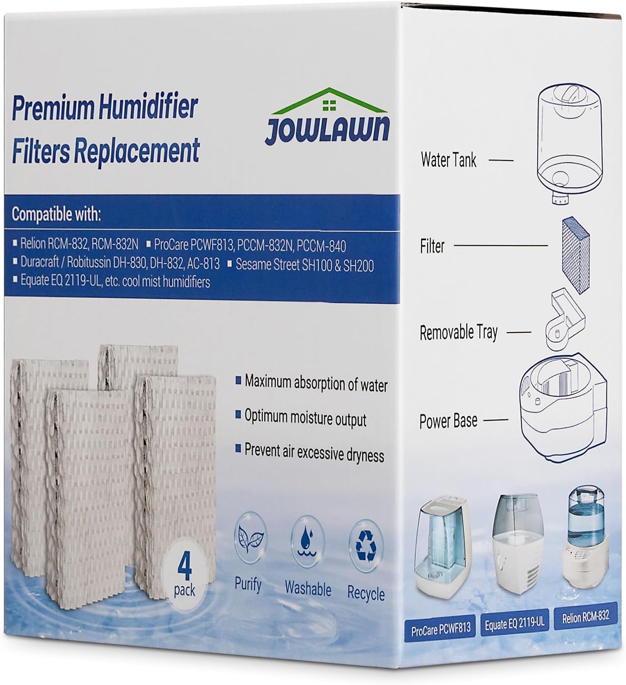 Humidifier Filter Replacement- 4 Pack WF813 Humidifier Wick Filter Compatible with E quate EQ 2119-UL, Re-Lion RCM-832 RCM-832N, Pro Care PCCM-832N Cool Mist Humidifier Filters