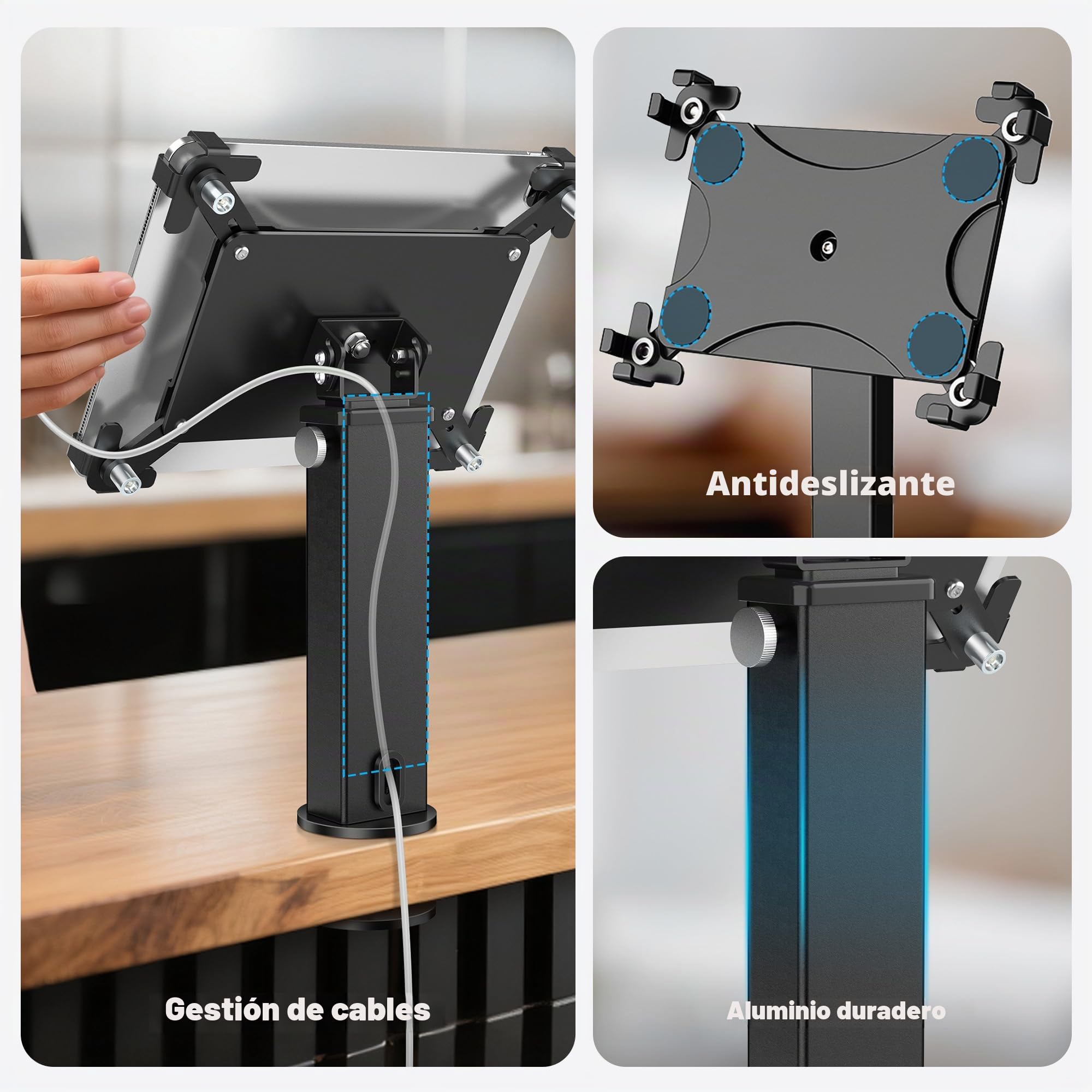 AboveTEK Soporte Antirrobo de Escritorio para iPad, Ajustable con rotación de 360° e inclinación de 180° para tabletas de 9,7 a 13 Pulgadas,Aluminio Resistente, Ideal para el Trabajo-Negro