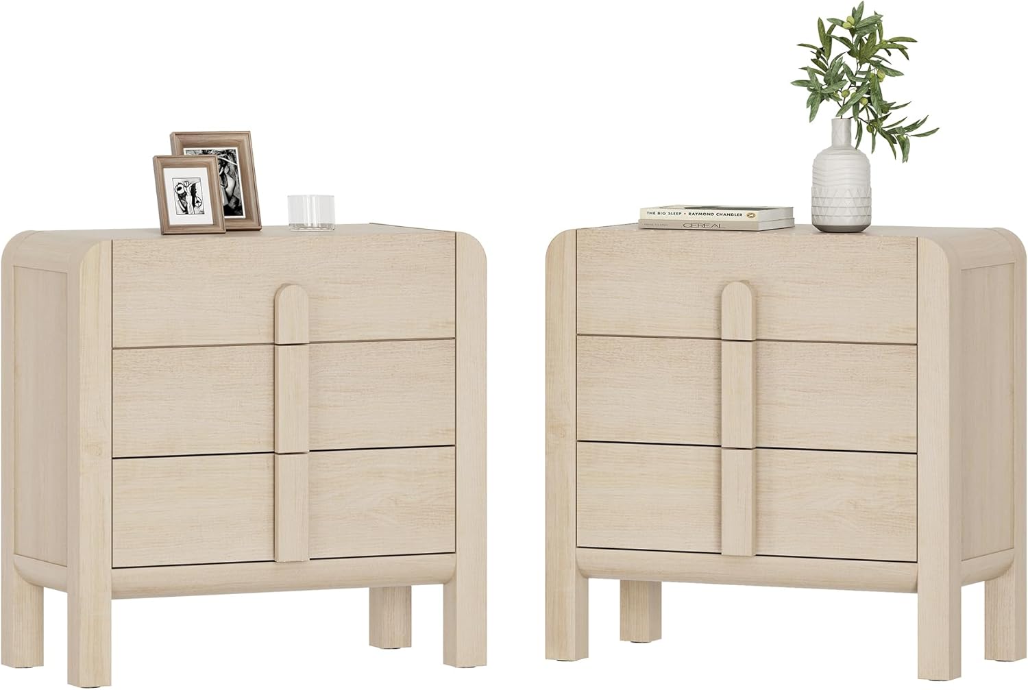 WAMPAT Nightstands Set of 2, Large Nightstands with 3 Drawers, 31.5" Tall Wooden End Tables with Storage, Modern Beige Nightstands Bedside Tables with Curved Design for Bedroom