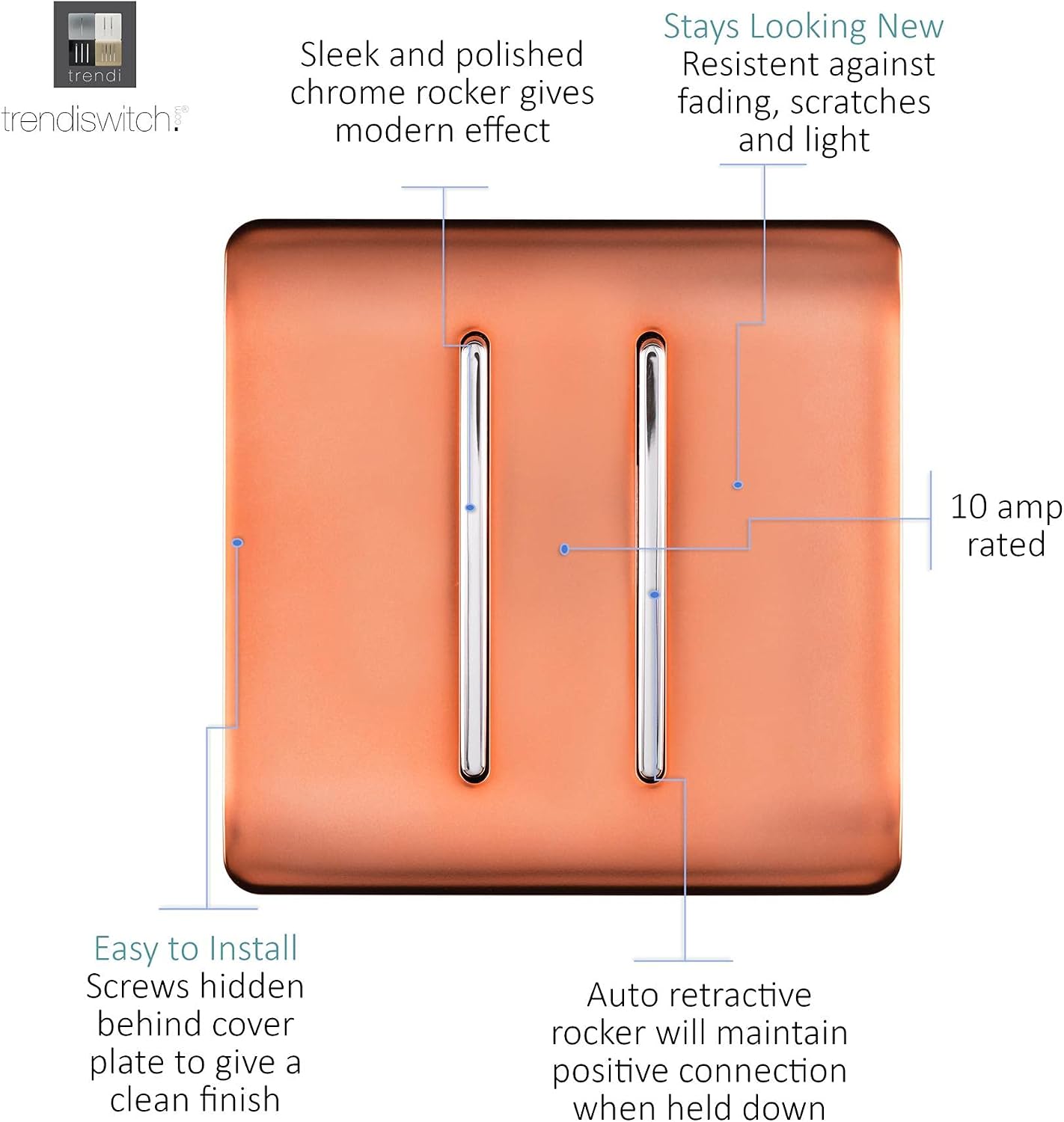 Trendi Auto Retractive 2 Door Bell Switch Copper, Retractive 2 gang Door Bell Switch - Image 3