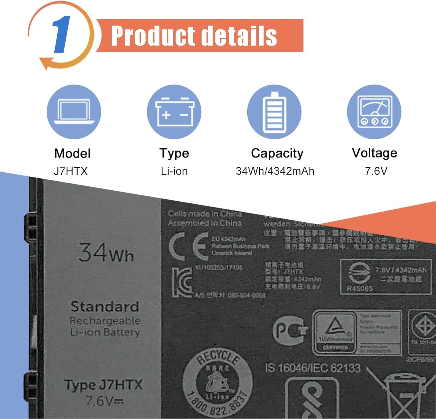 ASODI 34Wh J7HTX 7XNTR Laptop Battery Compatible with Dell Latitude 7220 7202 7212 Rugged Extreme Table Series 02JT7D FH8RW J82G5 T03H T03H001 T03H002 7.6V 4342mAh