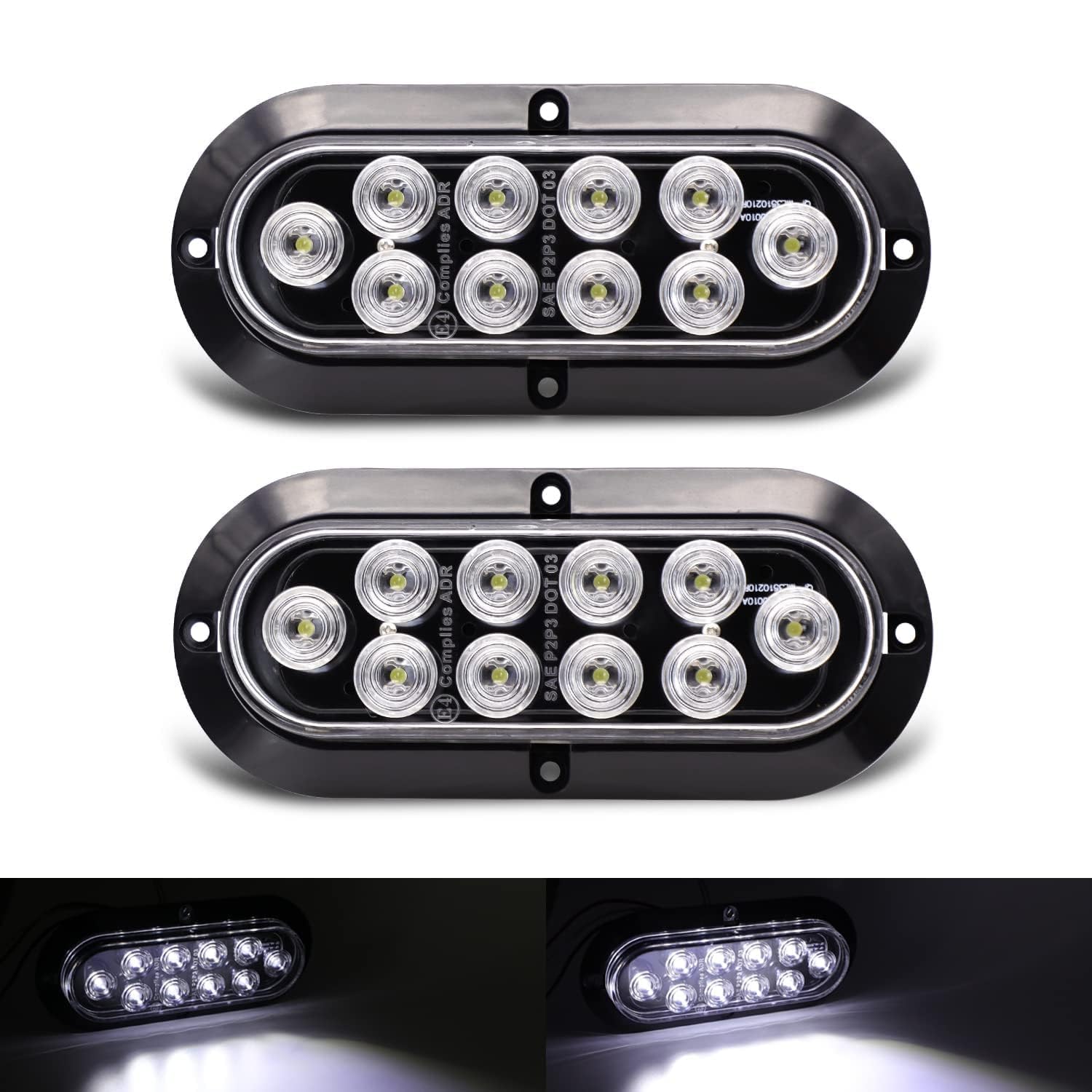 TMH 6" Oval White LED Trailer Tail Light Surface Mount 10 LED Waterproof Reverse Back Up Trailer Lights for Truck RV Bus Lorry Low-High Brightness 12V DC, 2PCS