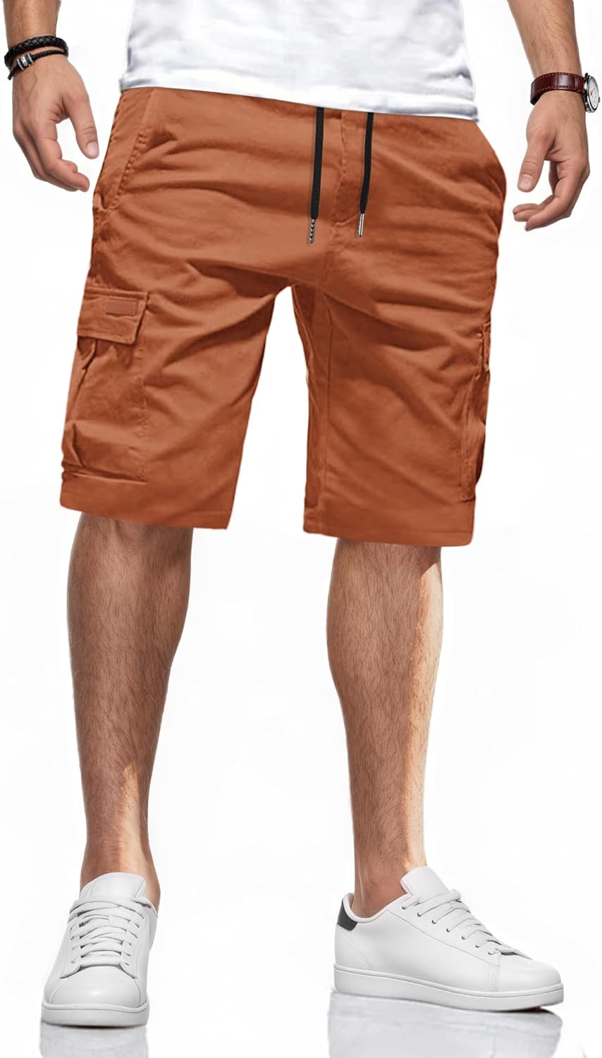 Mens Cargo Shorts Drawstring 9 inch Casual Elastic Waistband Summer with Pockets