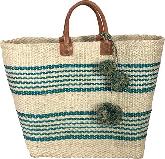 MAR Y SOL Natural Aqua Striped Market Tote Bag, Handwoven Sisal & Seagrass Beach Tote with Pom Poms, Open Top Raffia Bag with Inside Pocket