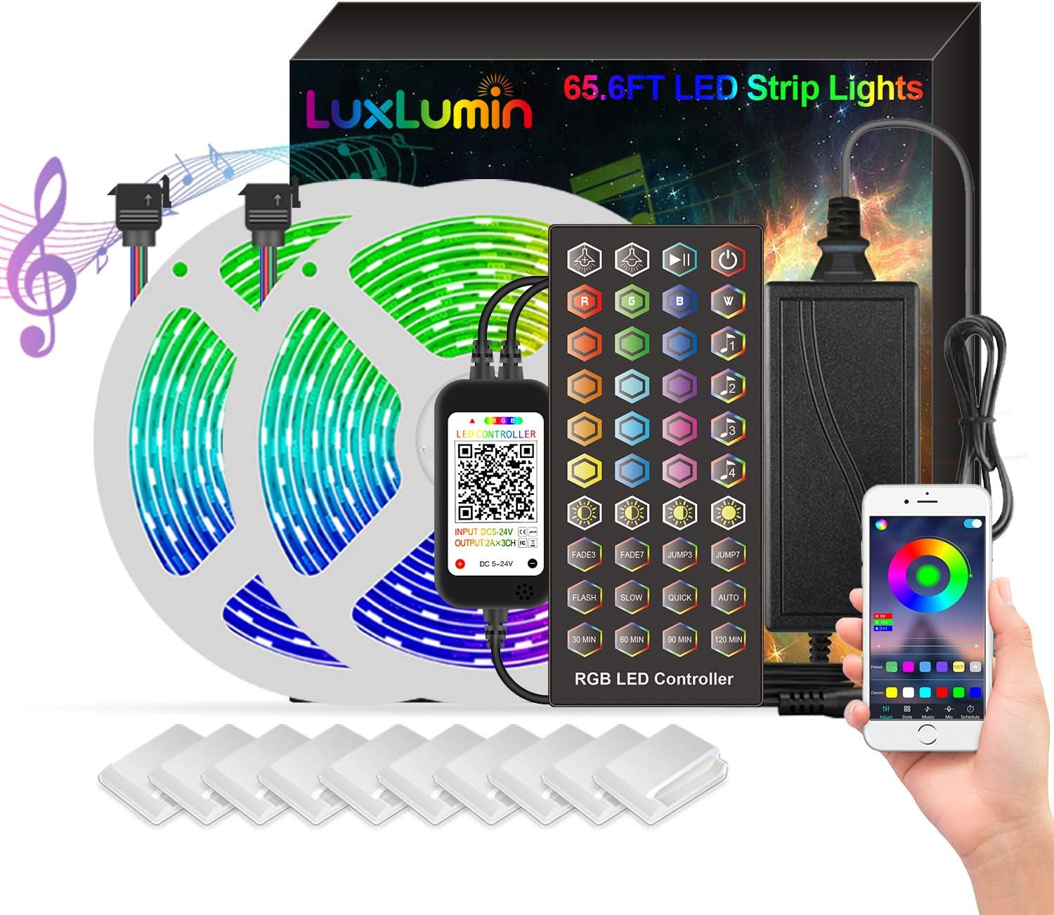 LuxLumin LED Strip Lights 65.6ft, Bluetooth RGB LED Strip Lights with 40keys Remote Control, Music Sync Color Changing Light Strip for Bedroom Party Home Decoration