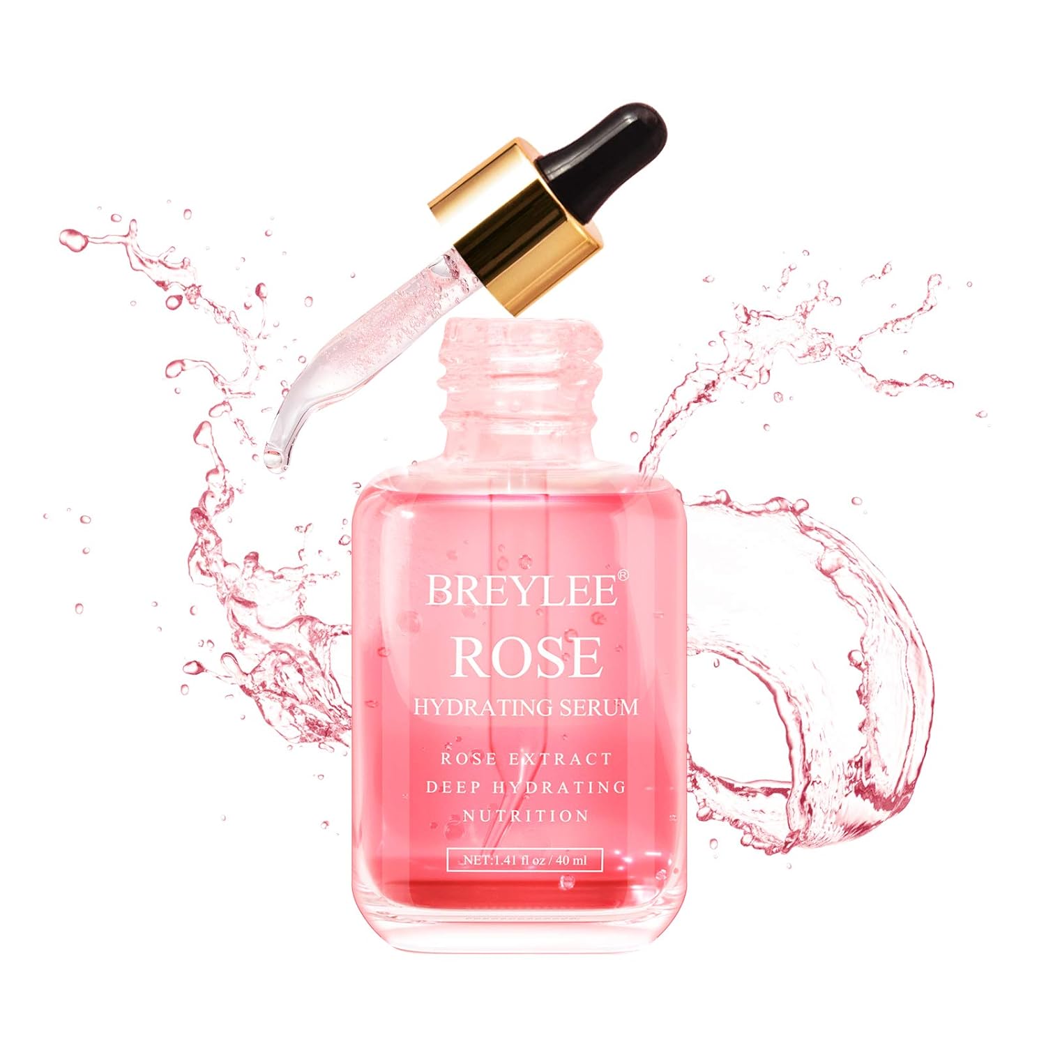 BREYLEE Rose Deep Hydration Face Serum, Moisturizing Serum Rose Essence with Rose Petals Extract Hyaluronic Acid Trehalose B5 Vitamin Alcohol Free Facial Skin Care(40ml,1.41fl oz)