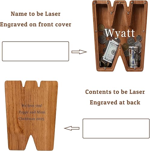 Vista 19 de Alcancía para niños y niñas, alcancía de madera con letra grande del alfabeto con inicial C, banco de monedas, regalos divertidos para cumpleaños