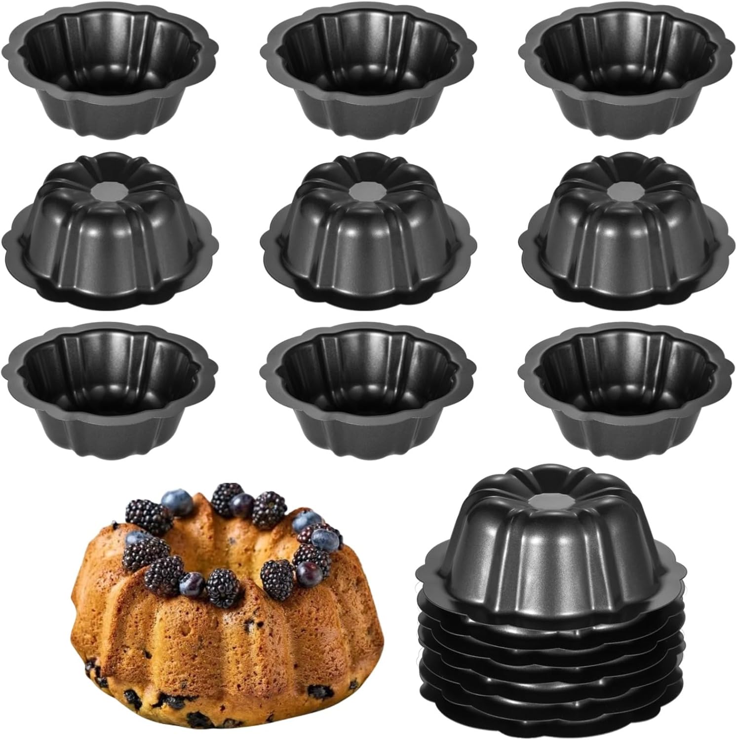 Bosreroy 16-Piece Mini Fluted Cake Pans, 4.5-Inch Carbon Steel Nonstick Baking Molds for Cupcakes, Pudding & Brownies in Flower Shape