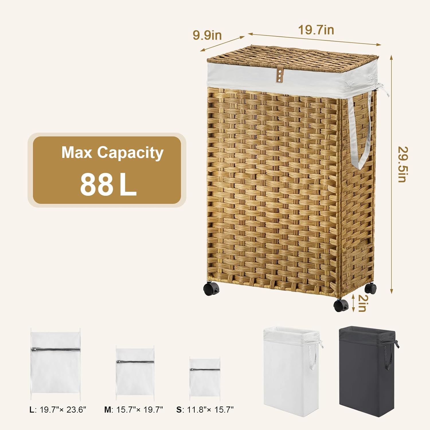 88L Slim Laundry Hamper with Wheels, 23.3 Gallon Rolling Laundry Basket with Lid, Tall and Narrow Laundry Hamper with 2 Removable Liner & 3 Mesh Bags, Laundry Sorter for Bathroom, Natural