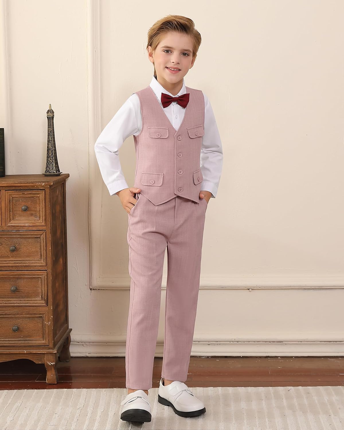 WESIDOM Boy Clothes Suit Formal Dress Shirt+Vest+Bowtie+Suspender Pants Kids Tuxdeo Gentleman Wedding Party Outfits Set