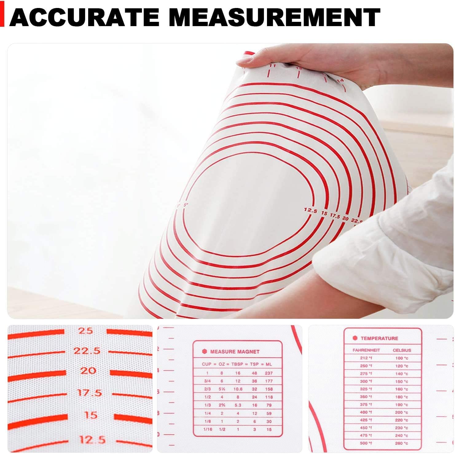 Silicone Pastry Mat Non Stick Extra Thick Baking Mat with Measurement Fondant Mat, Counter Mat, Dough Rolling Mat, Oven Liner, Pie Crust Mat with 3 Pcs Scraper and 5 Pcs Measuring Spoons(16 x 24'')