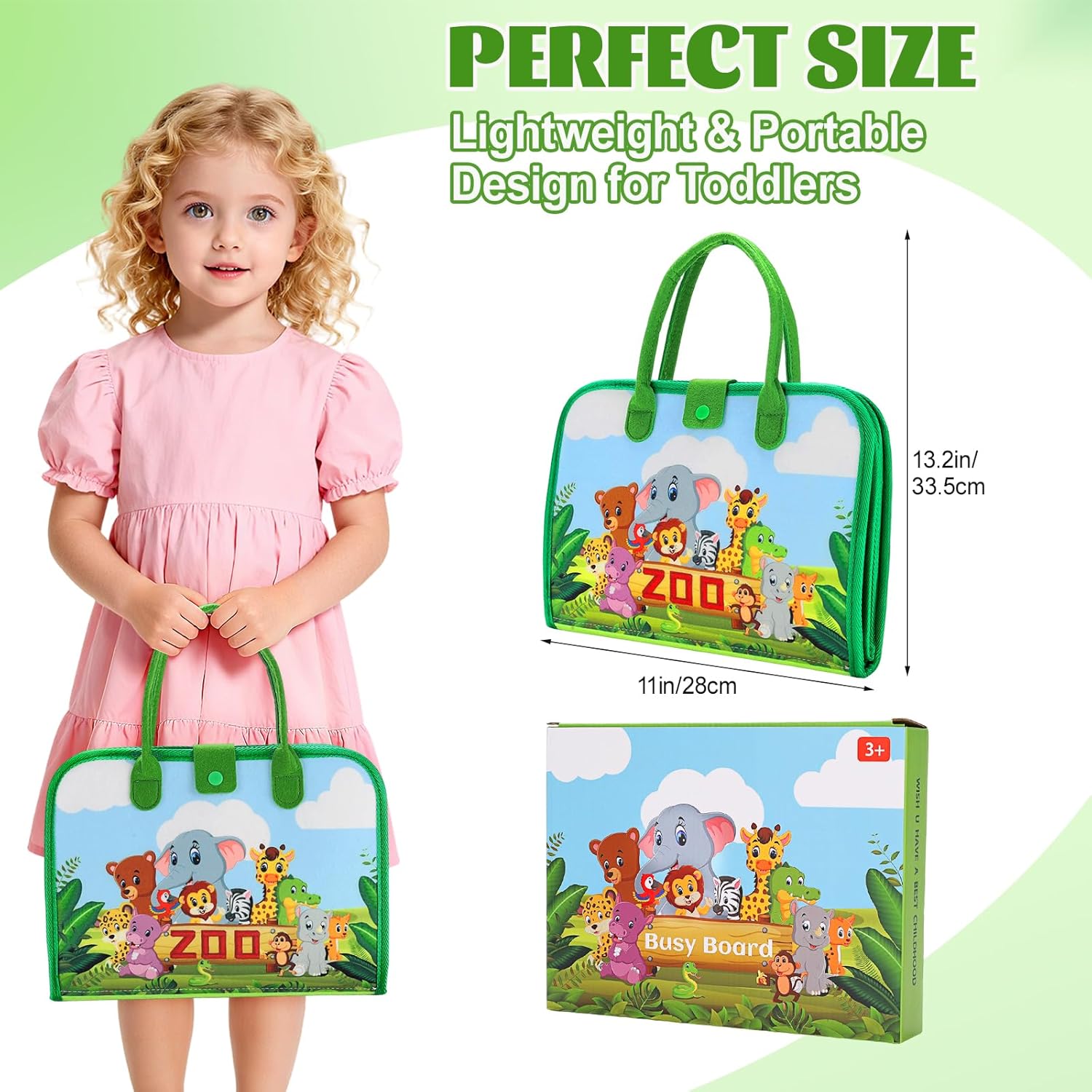 Busy Board for Toddlers, Montessori Toys for Boys Girls, Educational Learning Activity Quiet Book with Life Skills, Toddler Travel Toys Birthday Gifts (Green)
