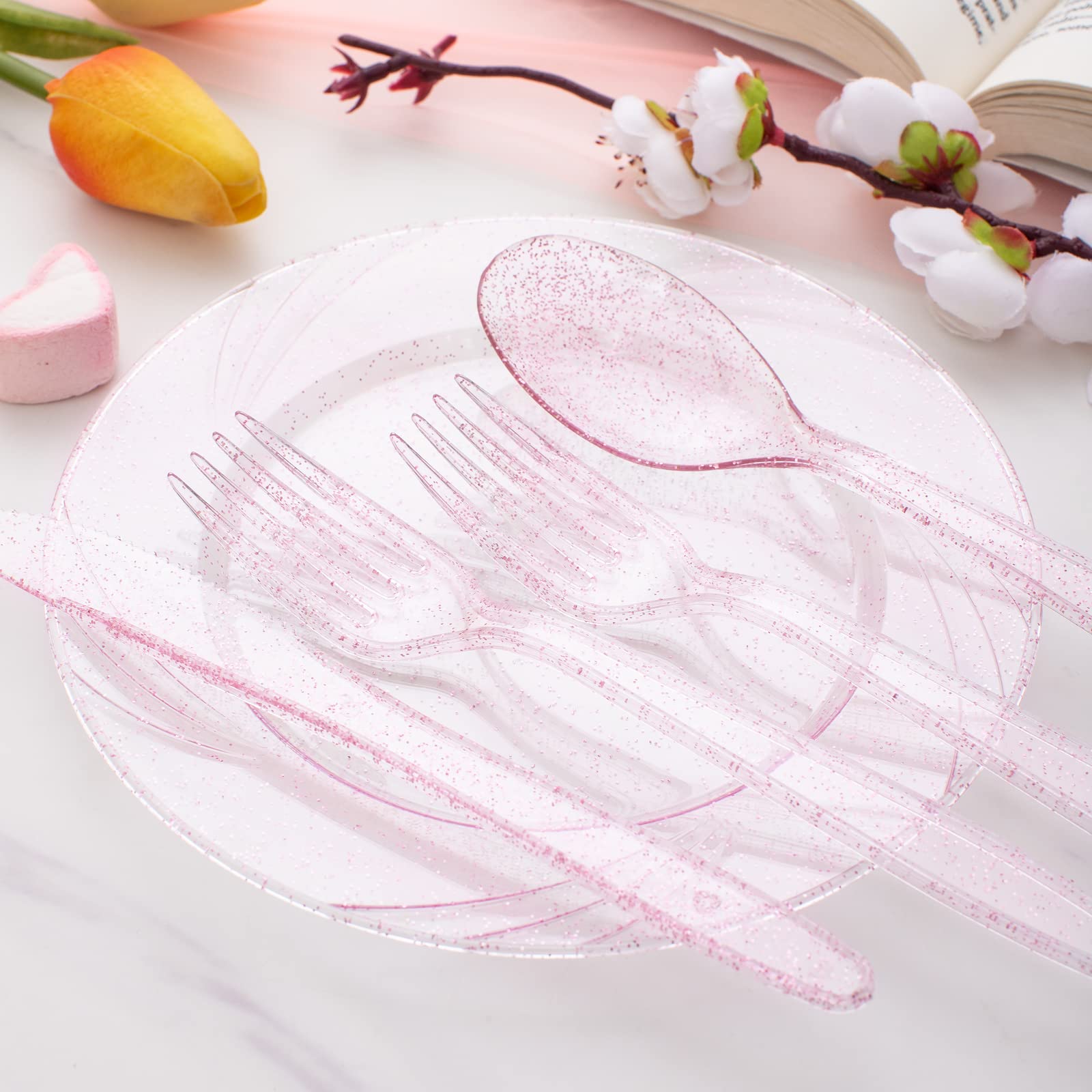 Pink Glitter Plastic Cutlery - Disposable Silverware -7 Pink Glitter Plastic Cutlery - Disposable Silverware -7