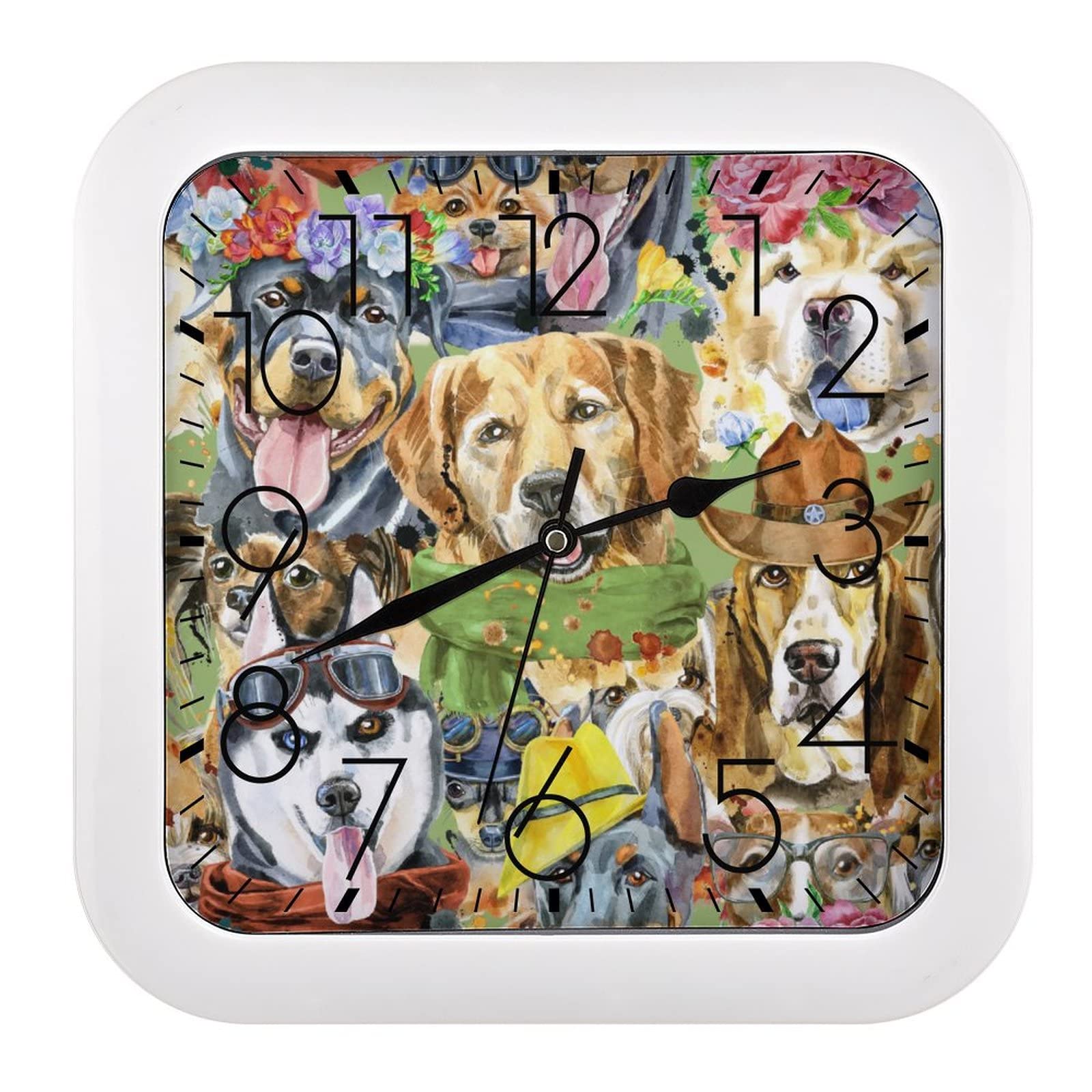 Horloge murale carrée chiens cool grands chiffres cuisine salon 26cm