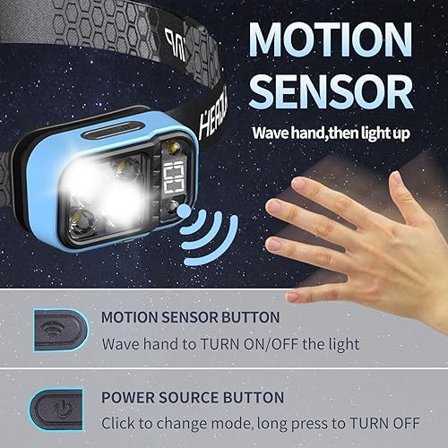 Miniatura 5 de Linterna frontal recargable USB C mejorada 2024, ajustable a 60, sensor de movimiento, pantalla de alimentación digital, 4 modos de luz, linterna