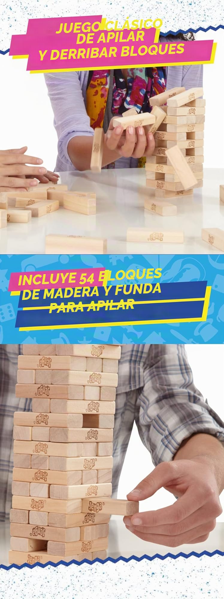 Hasbro Gaming Jenga, Juegos de Mesa para Niños y Niñas de 6 Años o Más, Fiestas con Amigos, Habilidad y Estrategia