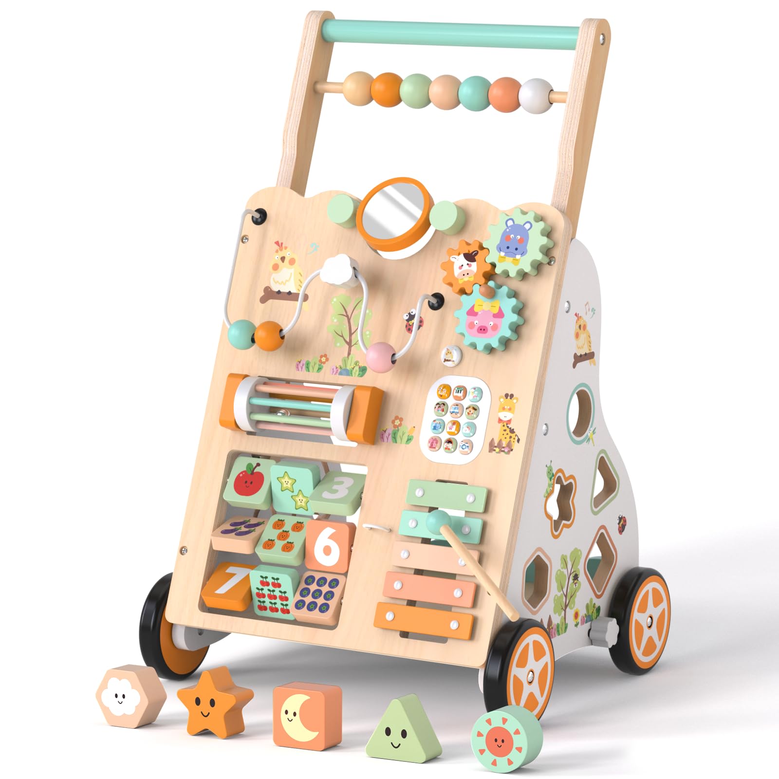 Andador de madera para niños 12+ meses, caminador Montessori con centro de actividades, laberinto de cuentas, clasificador de formas, xilófono y juego de pesca, altura y velocidad ajustables