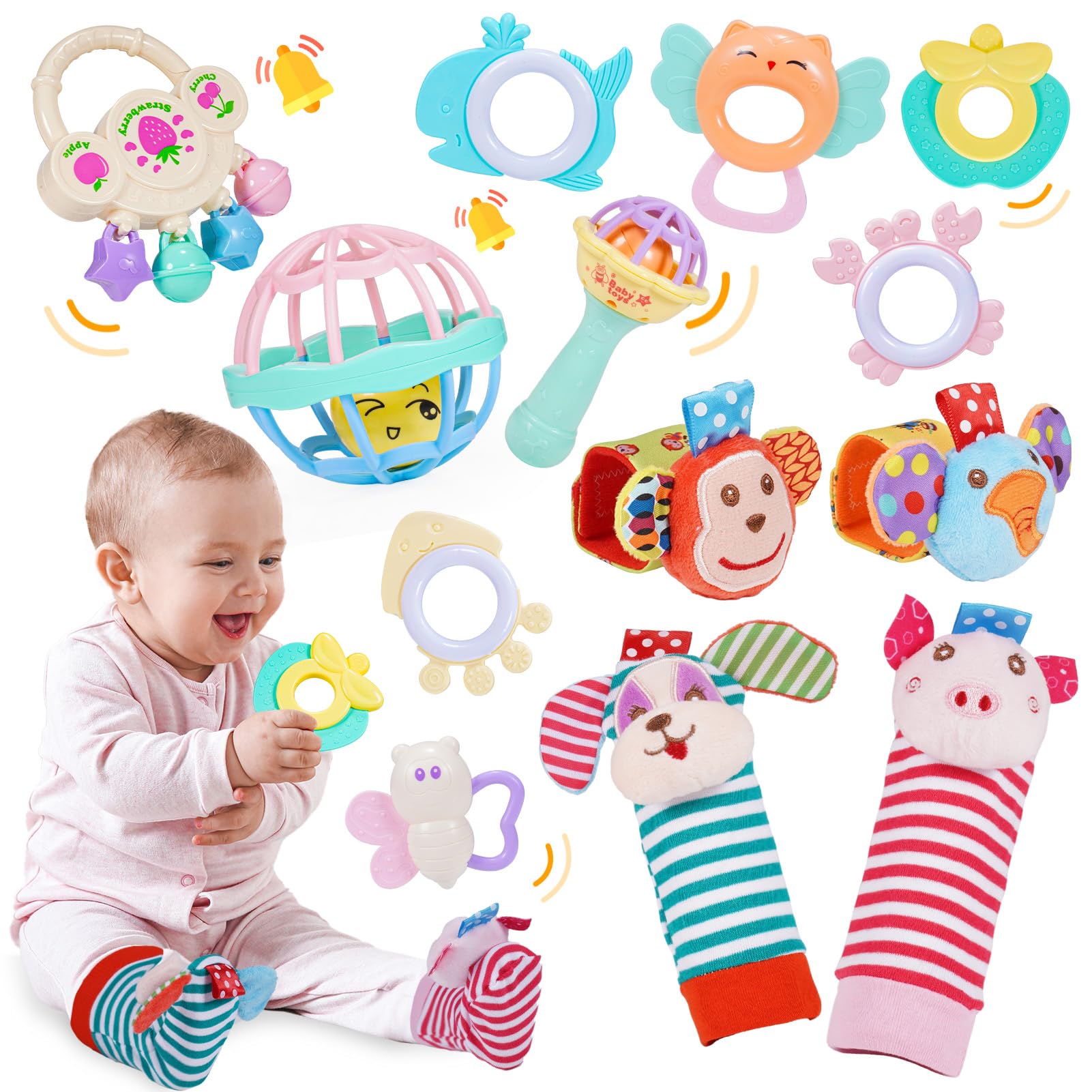 Wootoyz 14 Pcs Sonajeros Bebes 0 3 6 9 12 Meses, Juguetes Bebes 0-12 Meses Regalo Bebe Recien Nacido Niños Juguetes Sonajero Calcetines y Muñequeras para Bebé 0-12 Meses Cosas para Bebes Juguetes