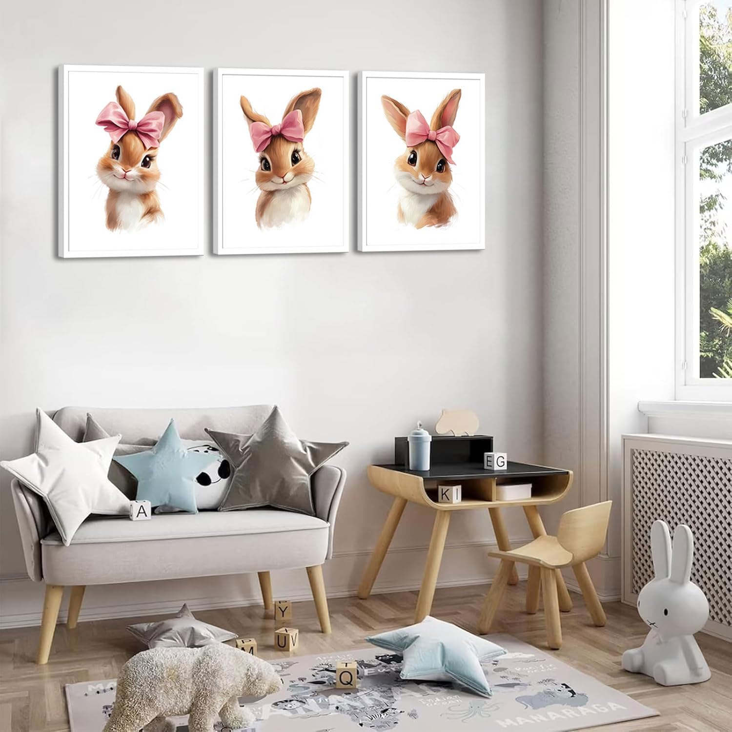 3 Pcs Bunny Wall Art Cute Animal Pink Bunny Wall Decor Pictures Easter Bunny Smile Canvas Posters Prints for Boys and Girls Nursery Baby Room Bedroom Hone Decoration 16x24in Unframed