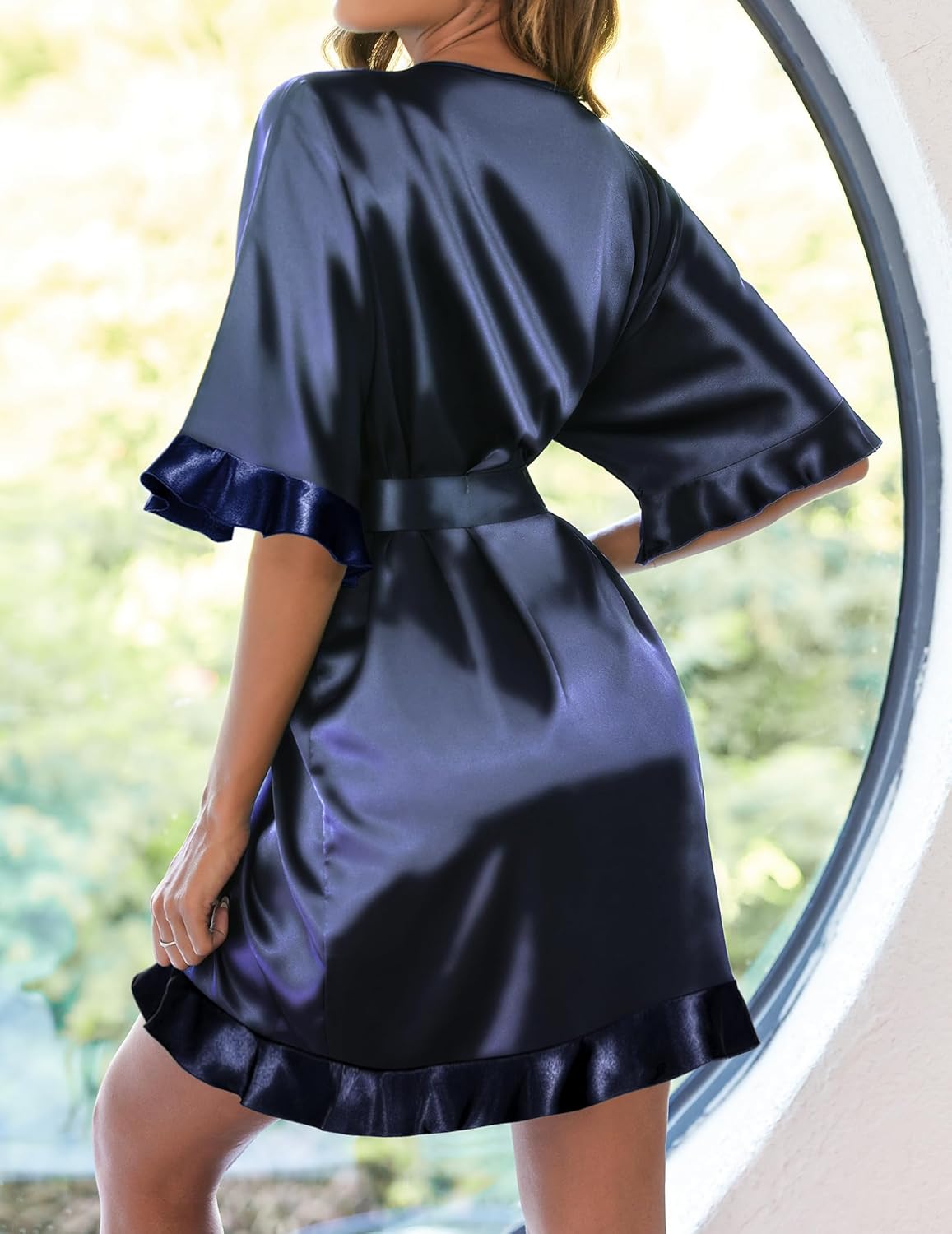 Ekouaer Womens Silk Ruffle Robe Short Satin Kimono Robe Half Sleeve Bathrobe Bridesmaid Wedding Party Dressing Gown - Image 2