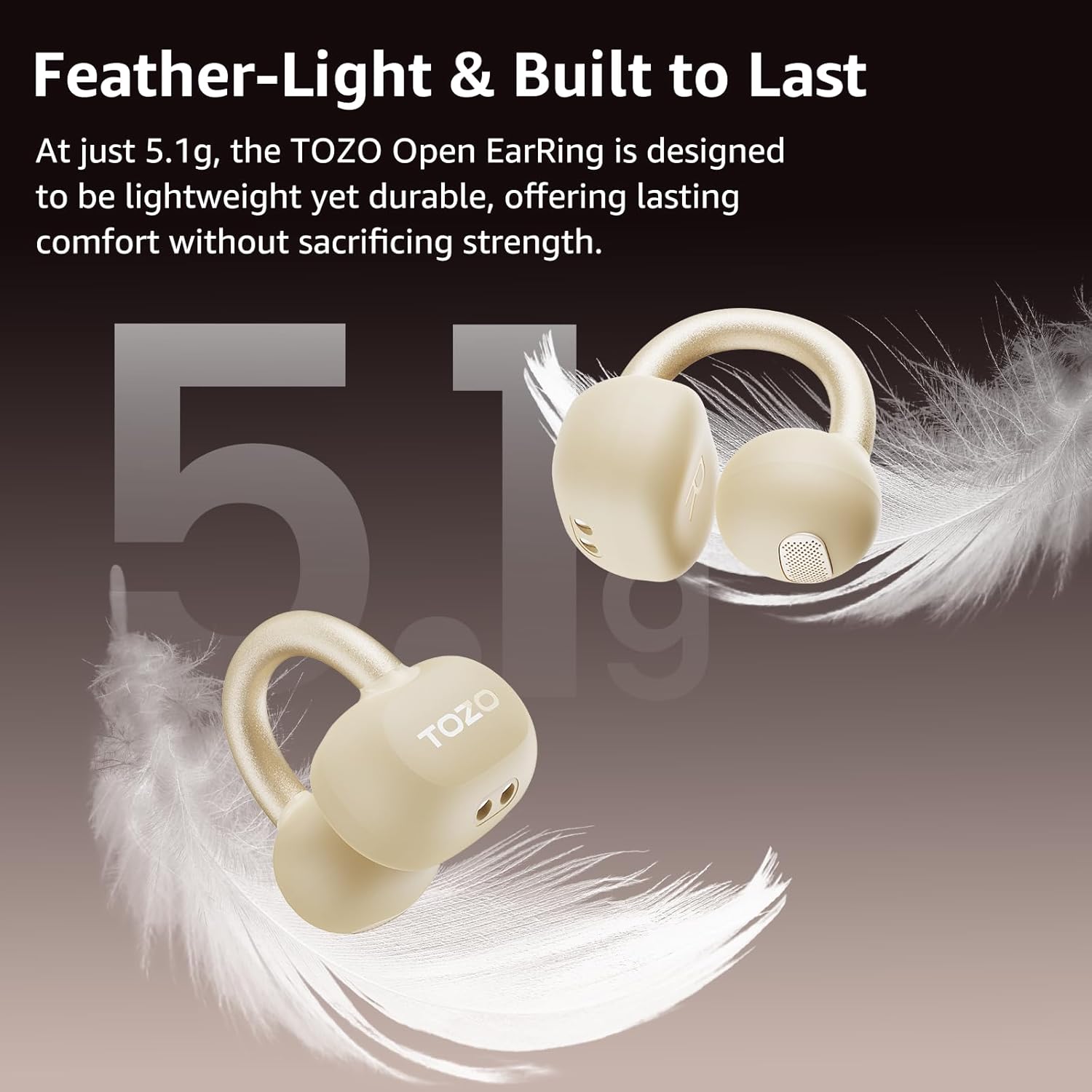 TOZO OpenEarRing True Open Ear Earbuds, Lightweight Comfort Open Ear Clip Wireless Earbuds, 40H Play Bluetooth 5.4 Headphones with Smart Digital Display Design Fit Sports Running, Workout Khaki - Image 3