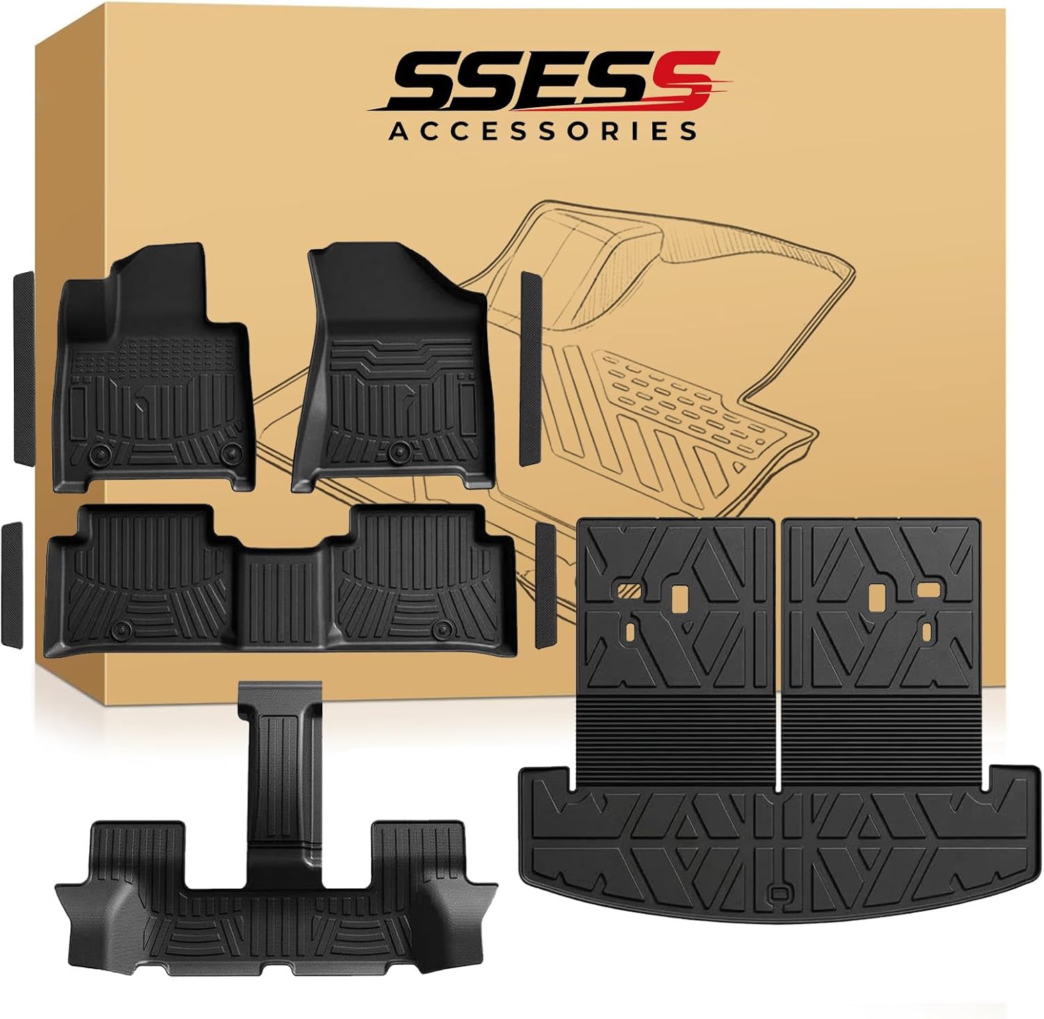 Custom Fit TPE Car Floor Mats & Cargo Liner Set for Hyundai Santa Fe 2026 2025-2024 (Include Hybrid & Gas) 6&7 Seats, Family, Pet & Spill Waterproof Protection with Anti-Slip Retention System