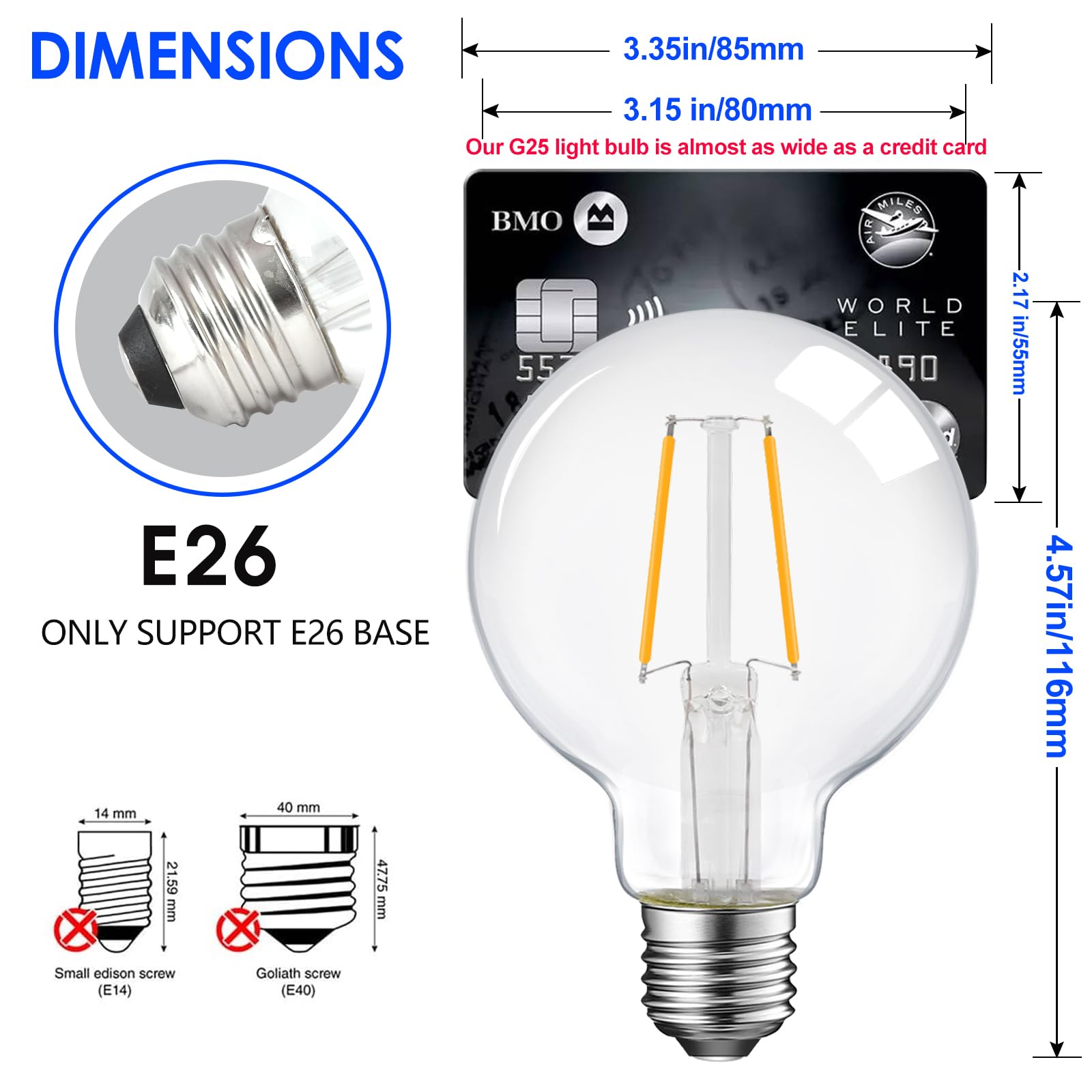 Lampadina a LED dimmerabile con attacco G25 vintage, equivalente a 60 W, 500 lumen, 2700 K, luce bianca morbida, attacco E26, certificazione UL, confezione da 6