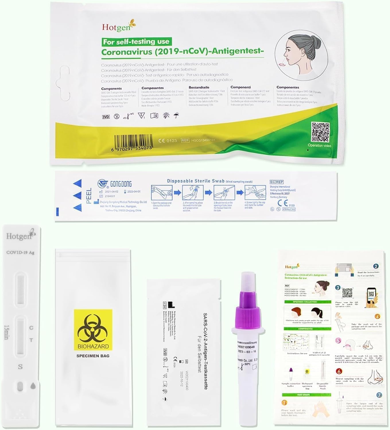 Hotgen 5 x Tamponi Covid 19 Rapido 2024 Nasale, Kit Rapido Tampone Test Antigenico Rapido, Validato per Varianti 2024, Singolarmente Imbustati 5 Test