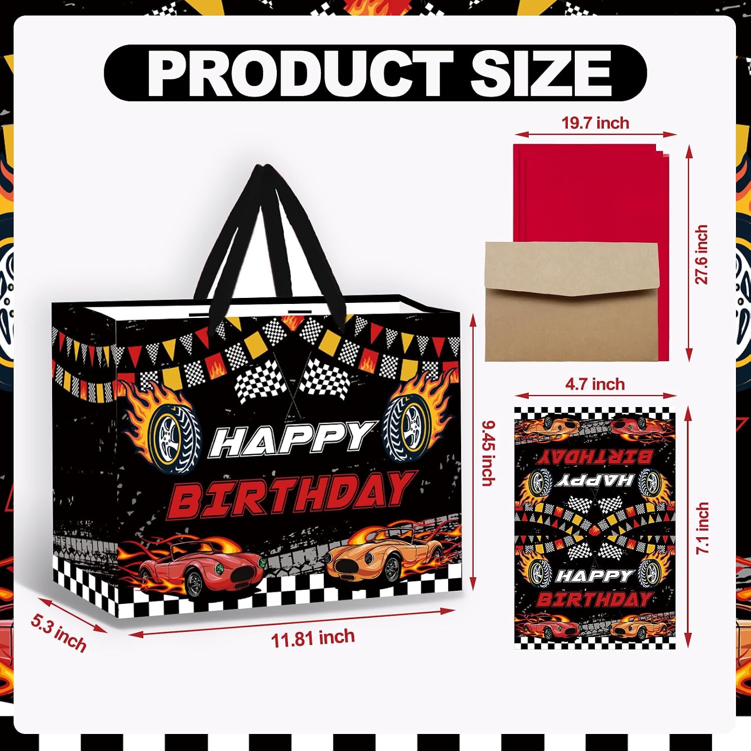 SolarGlory Race Car Gift Bag - Extra Large Cars Gift Bags for Birthday, Race Car Wrapping Paper Alternative with Card & Tissue Paper, Birthday Boy Gift Bag for Race Car Party Decorations image 3