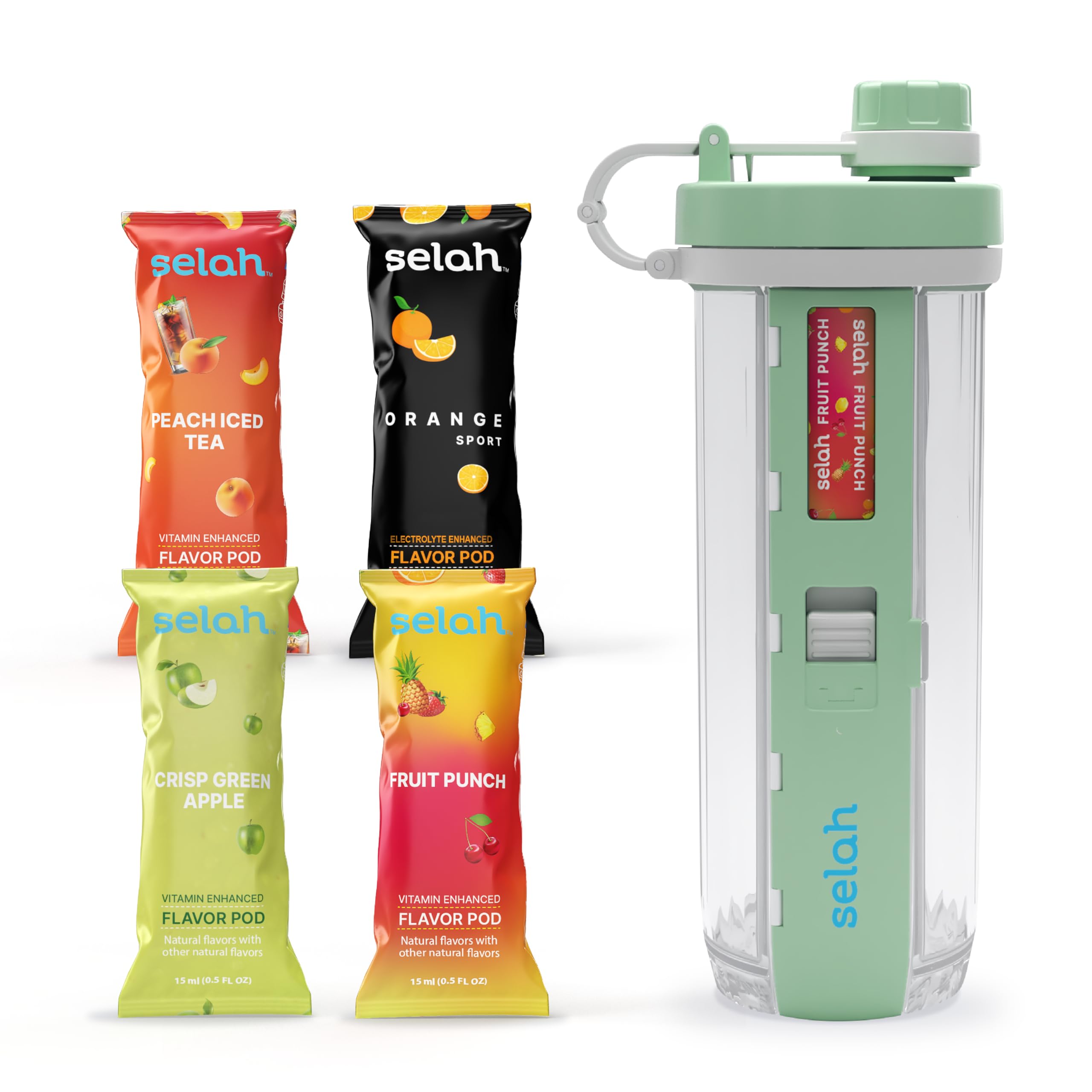 Selah Flavored Water Bottle - Water Enhancer, Sugar Free, Vitamin Infused Water - 20oz Water Bottle With Flavor Pods Included - Energy Drink, Strawberry, and Sports Drink Pods (Green, 4 Flavor Pods)