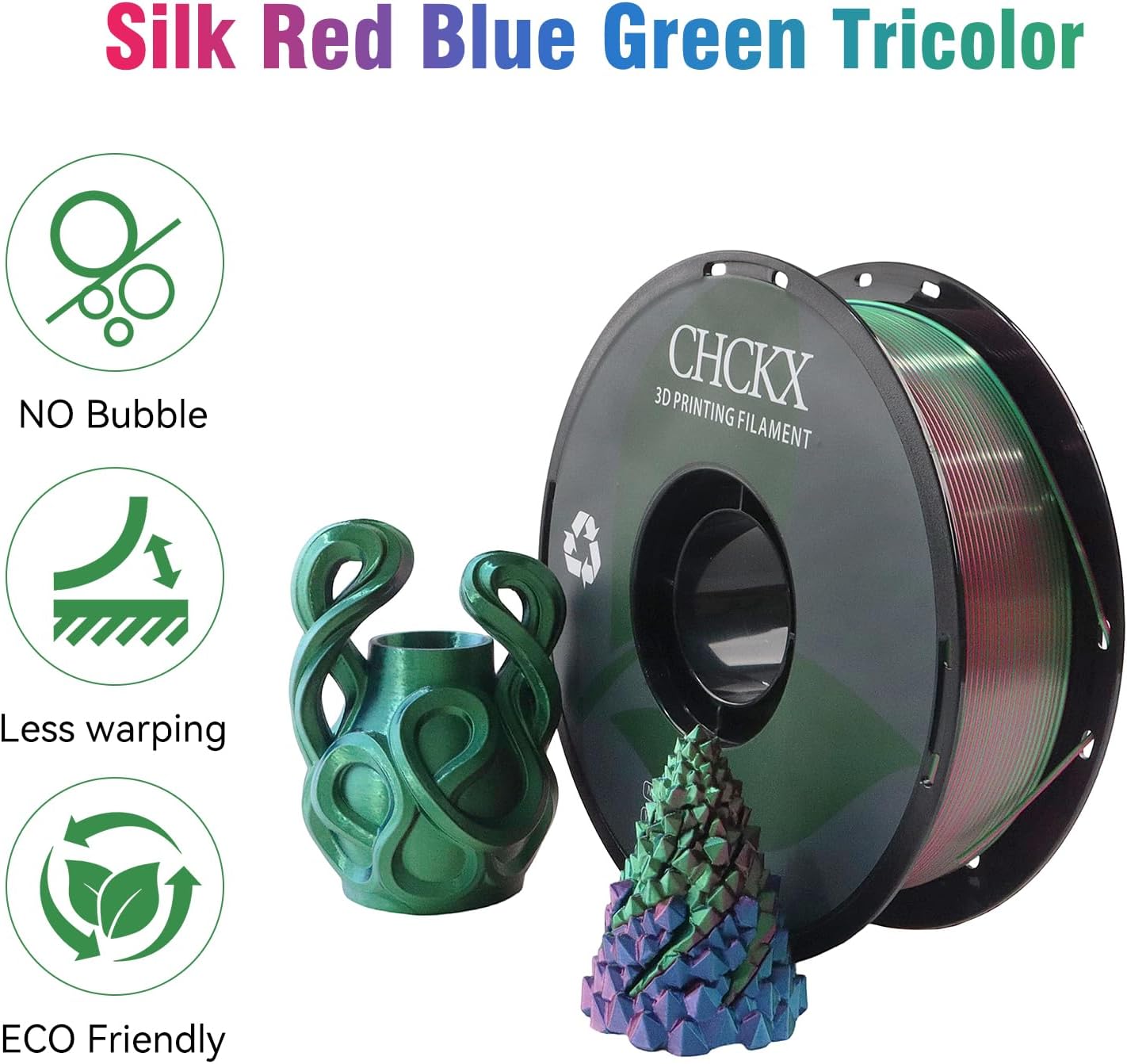 PLA 3D Printer Filament, Triple Color Silk PLA Filament, Dimensional Accuracy +/- 0.02 mm, 1 kg Spool(2.2lbs), 1.75 mm, Red Blue Green - Image 2