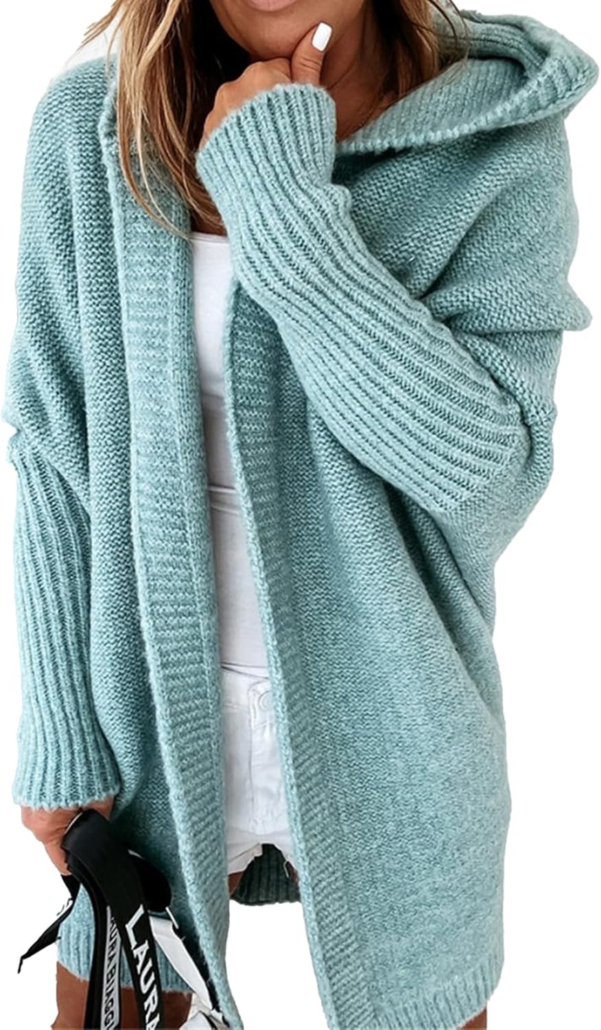 Knitted Hooded Sweater for Womens Casual Open Front Cardigan Winter Sweater Batwing...