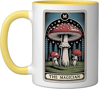 The Magician Tarot Card Amanita Muscaria Fly Agaric Mushroom Ceramic Mug, Yellow/White