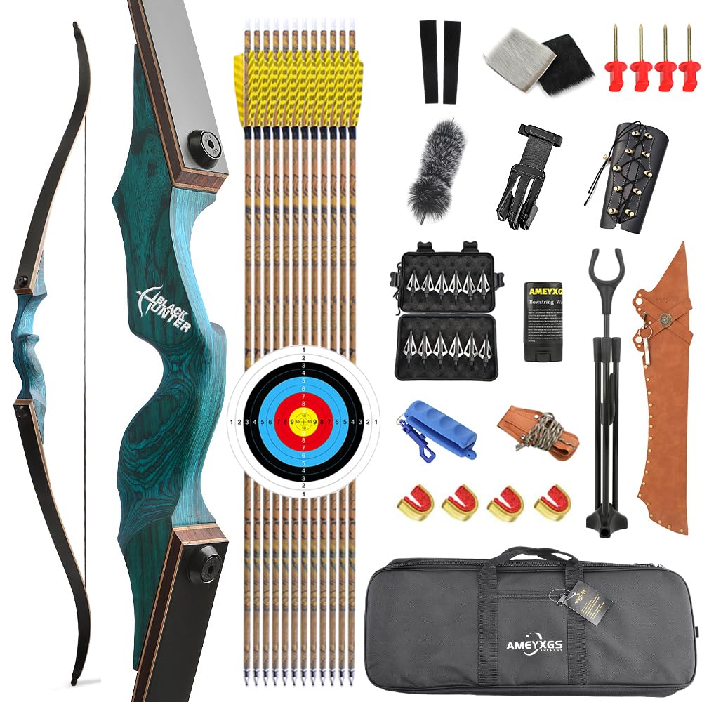 AMEYXGS 60" Takedown Arco Ricurvo Set per Adulti e Giovani 20-60LBS Arco da Caccia Riser in Legno con Accessori per Tiro con l'arco Mano Destra