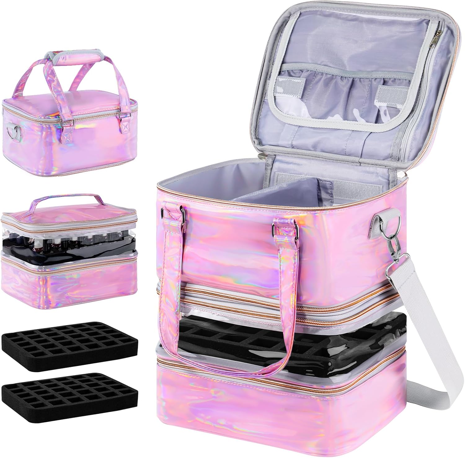 Nail Polish Organizer Case, 3 Layers Removable Nail Polish Storage Bag Holds 60 Bottles and Nail Lamp with Shoulder Strap Portable Holographic PU Leather Nail Kit Storage for Manicure Tools (Pink)