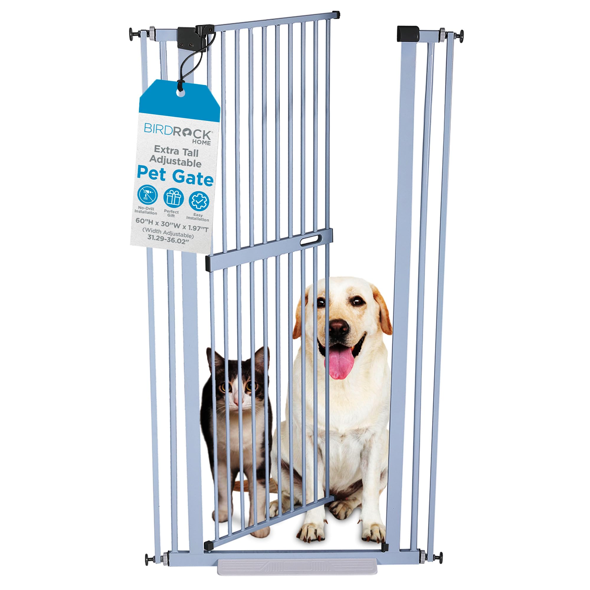 BIRDROCK HOME Extra Tall Adjustable Pet Gate for Doorways and Hallways, Indoor Safety, No Drilling Required, Pressure Mounted, Gate for Small Dogs, Puppies, and Cats - White - 60in Tall, 31-36in Width