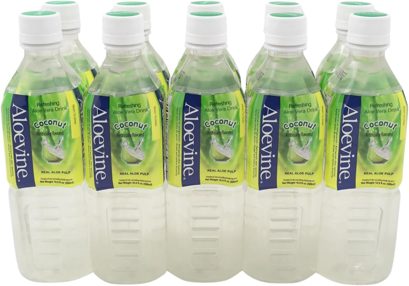 Aloevine Korean Aloe Vera Juice Drink with Real Aloe Pulp, Coconut Flavor, Ready-to-Drink Plant-Based Beverage, 16.9 Fl Oz Bottles (Pack of 10)