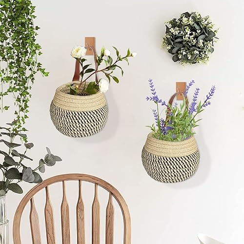 Vista 2 de Juego de 2 cestas colgantes de yute para pared, cesta de pared de granja para almacenamiento y organizador, cestas decorativas para colgar