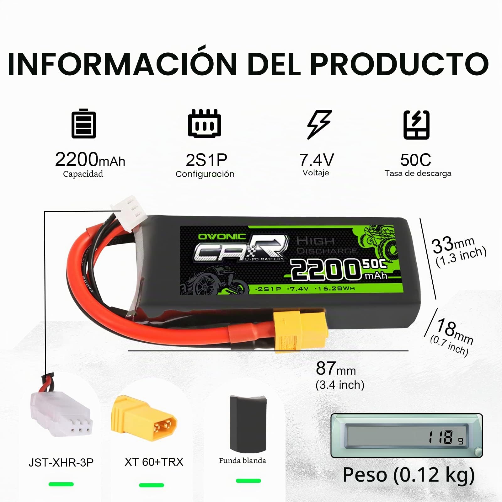 OVONIC 2S - Batería de polímero de litio (7,4 V, 2200 mAh, 50 C, con conector XT60, compatible con RC 1/16 o 1/14 RC avión, coche, barco, cuadricóptero, 2 unidades)