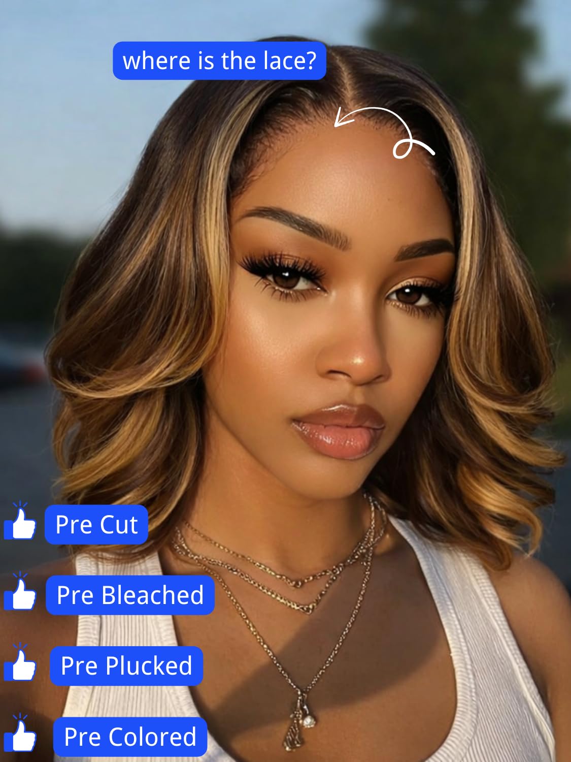 Nadula 13x4 HD Ombre Brown Wavy Bob Drawstring Wig Human Hair with Blonde Face Framing Layers Bangs,Pre Everything Glueless No Slip Wig Pre Plucked Ready to Wear Short Highlight Wavy Bob Wig 14inch